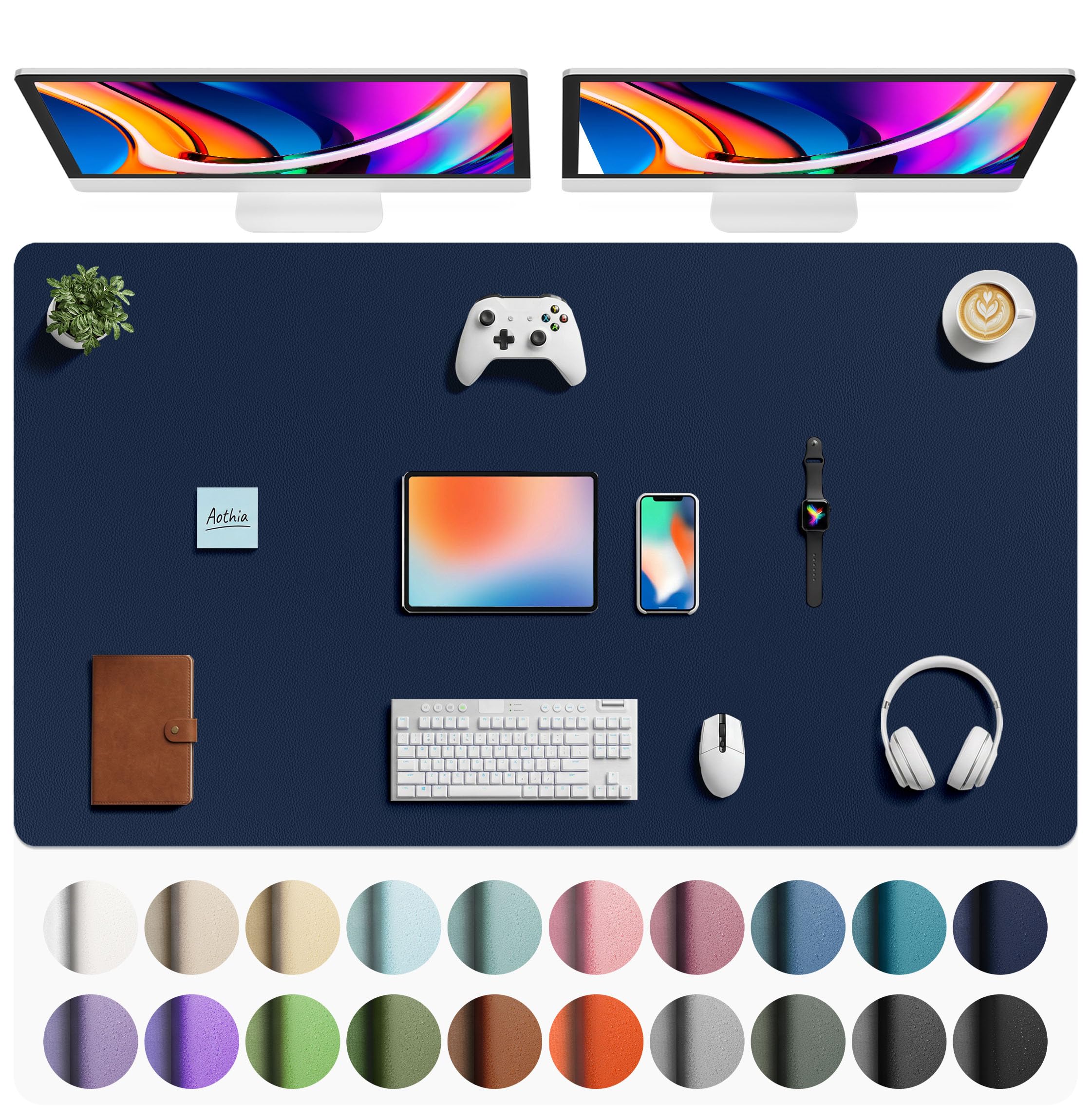 Aothia Faux Leather Desk Mat Dark Blue 63" x 24" | Protects Your Desk from Scratches, Stains, and Heat - main product image