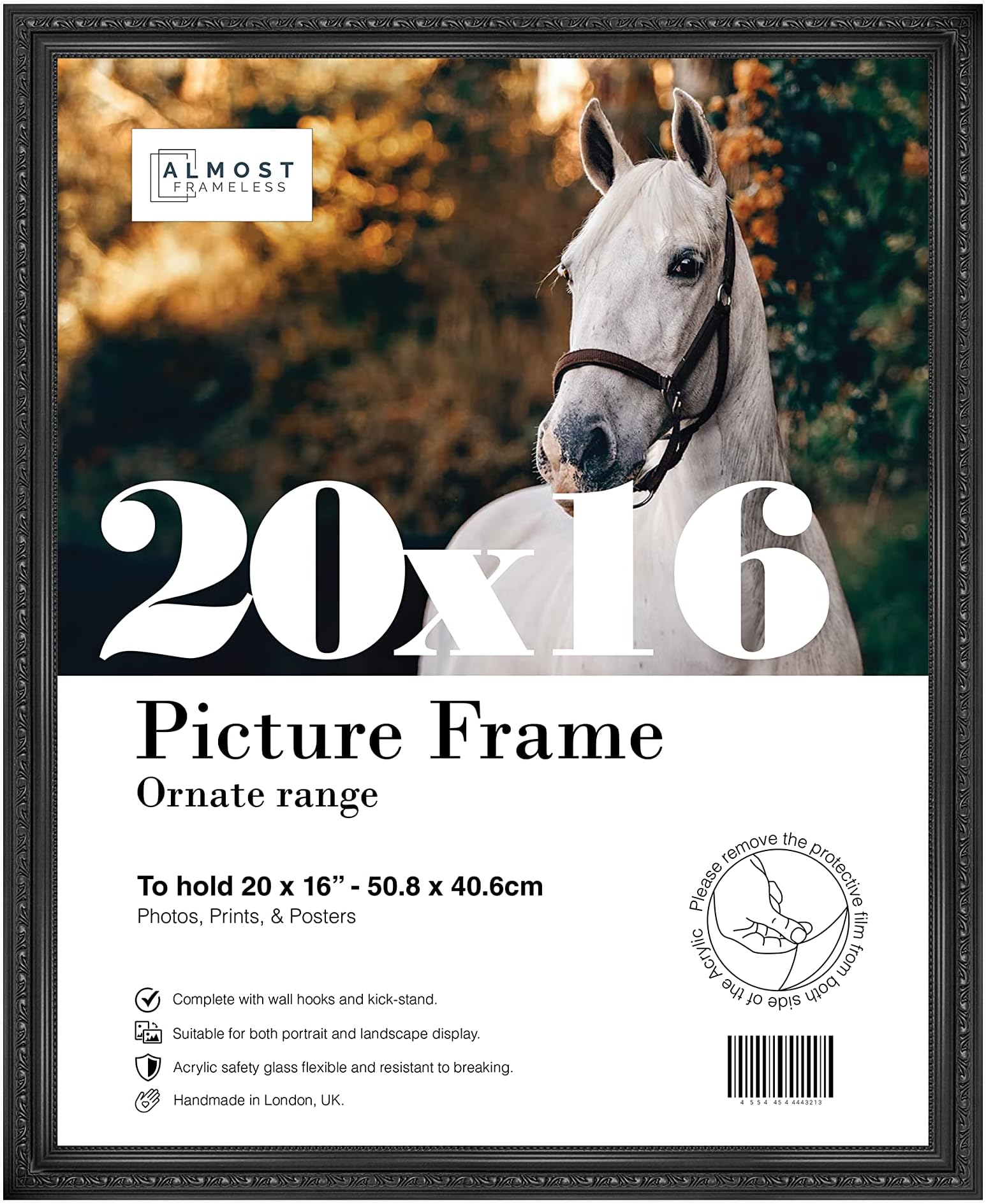 Almost Frameless20x16 Black Ornate Picture Frame 20"x16"(50.8x40.6cm) Poster, Photo, Artwork, or Print. Shabby Chic Style Portrait and Landscape Display with Wall Hooks