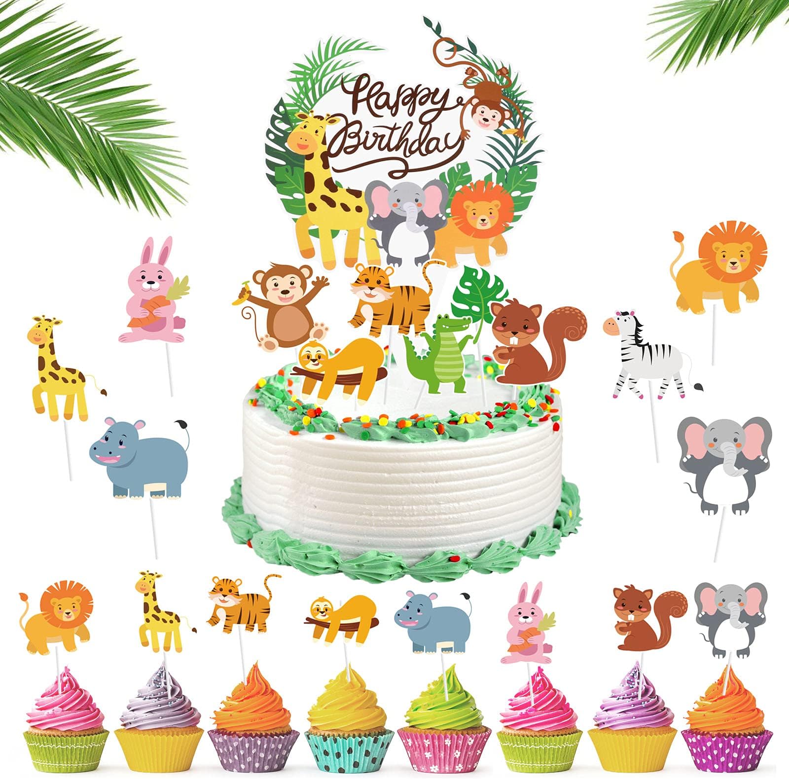 37 PCS Jungle Safari Animal Cake Toppers Woodland Animals Cake Decor Jungle Animals Happy Birthday Cake Decorations for Baby Shower Safari Party Holiday Party