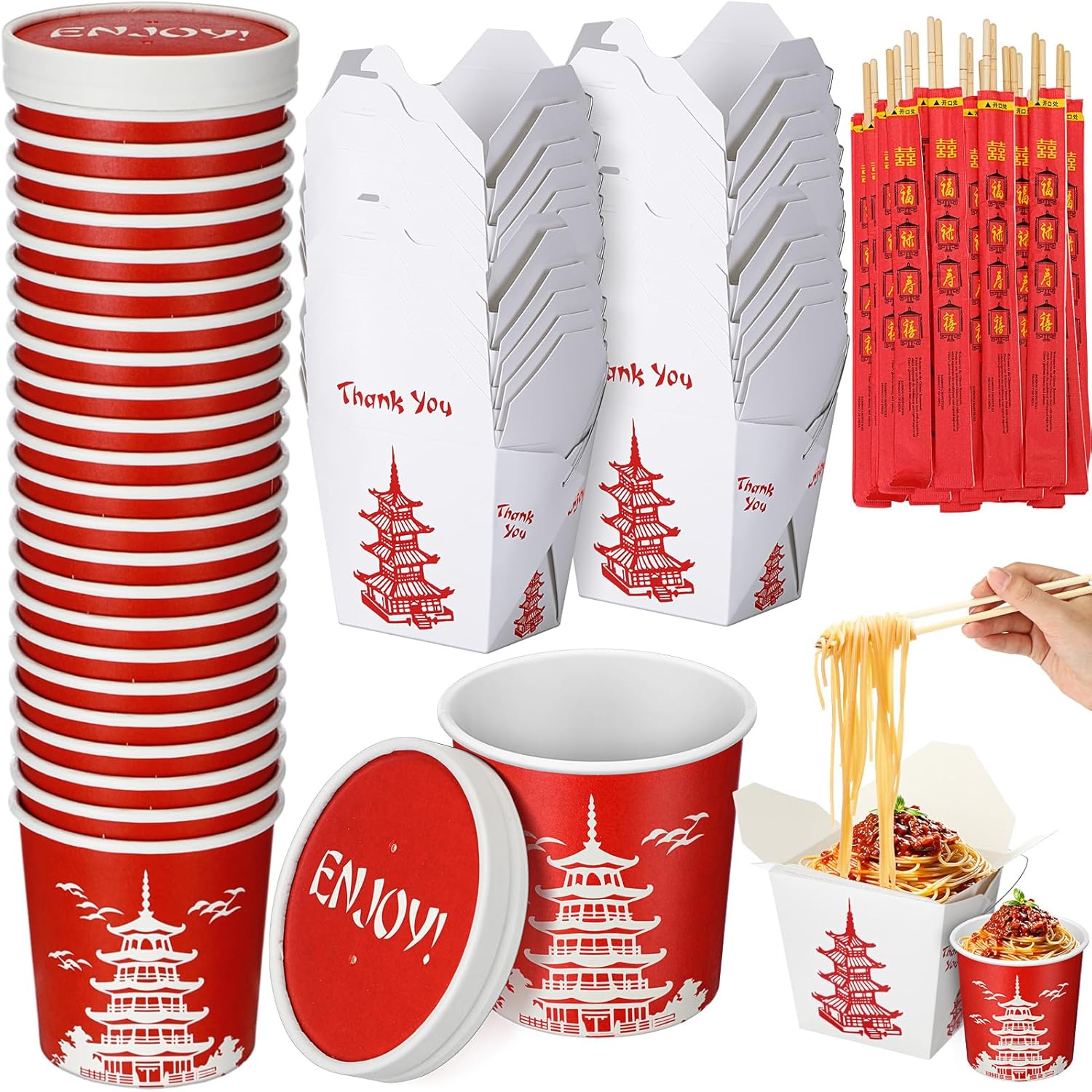 Zubebe 24 Set 32 oz Chinese Take out Box, Bamboo Chopstick 12 oz Soup Containers with Lids, Takeout Food Containers Boxes Disposable Bowls Ice Cream Cup Chop Stick Bulk for Restaurant Party Favor