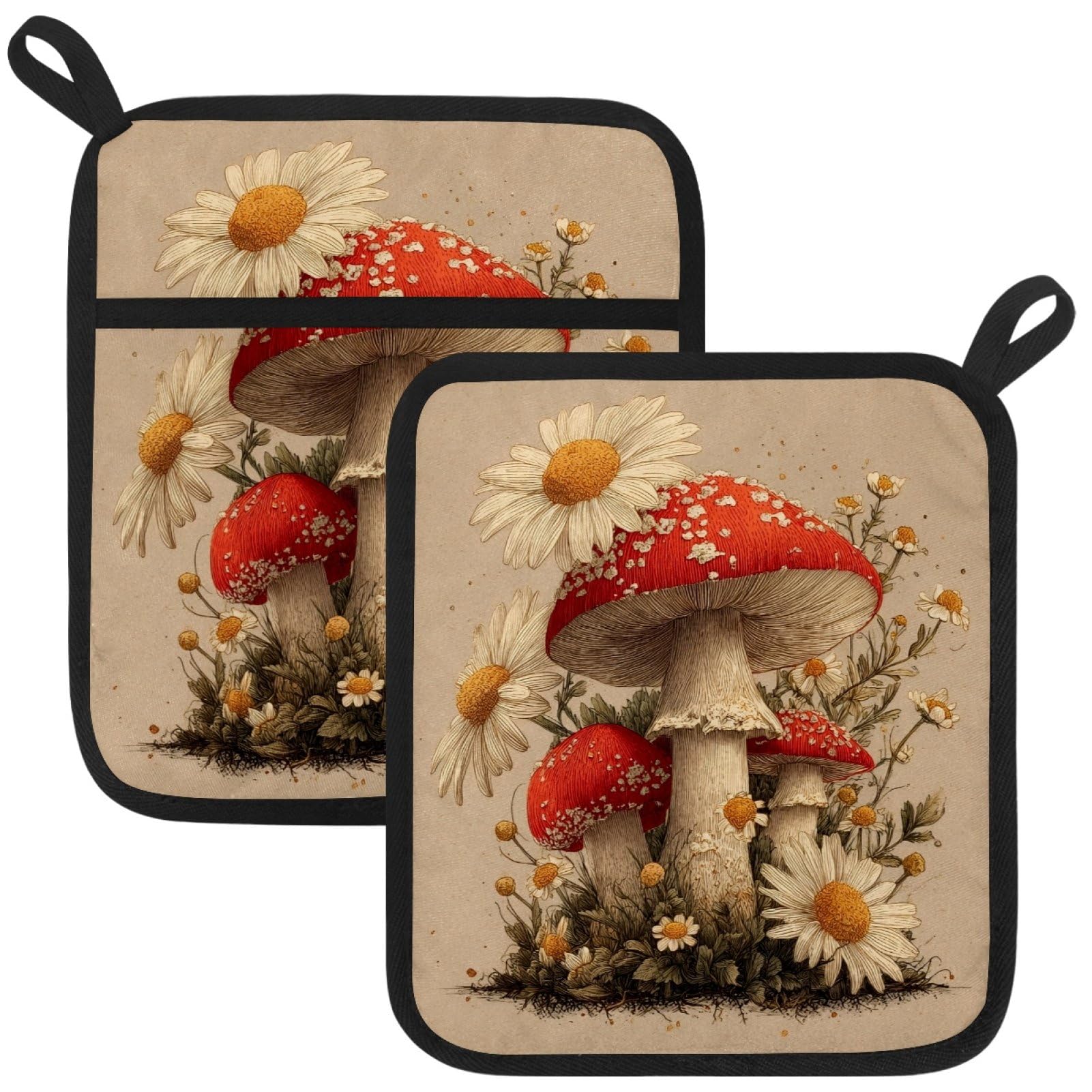 VAPOKF Mushroom Daisy Heat Resistant Pot Holders, Thick Pot Holders Pad with Hanging Loop for Kitchen, Oven Cloth Pads for Kitchen Baking Microwave Oven