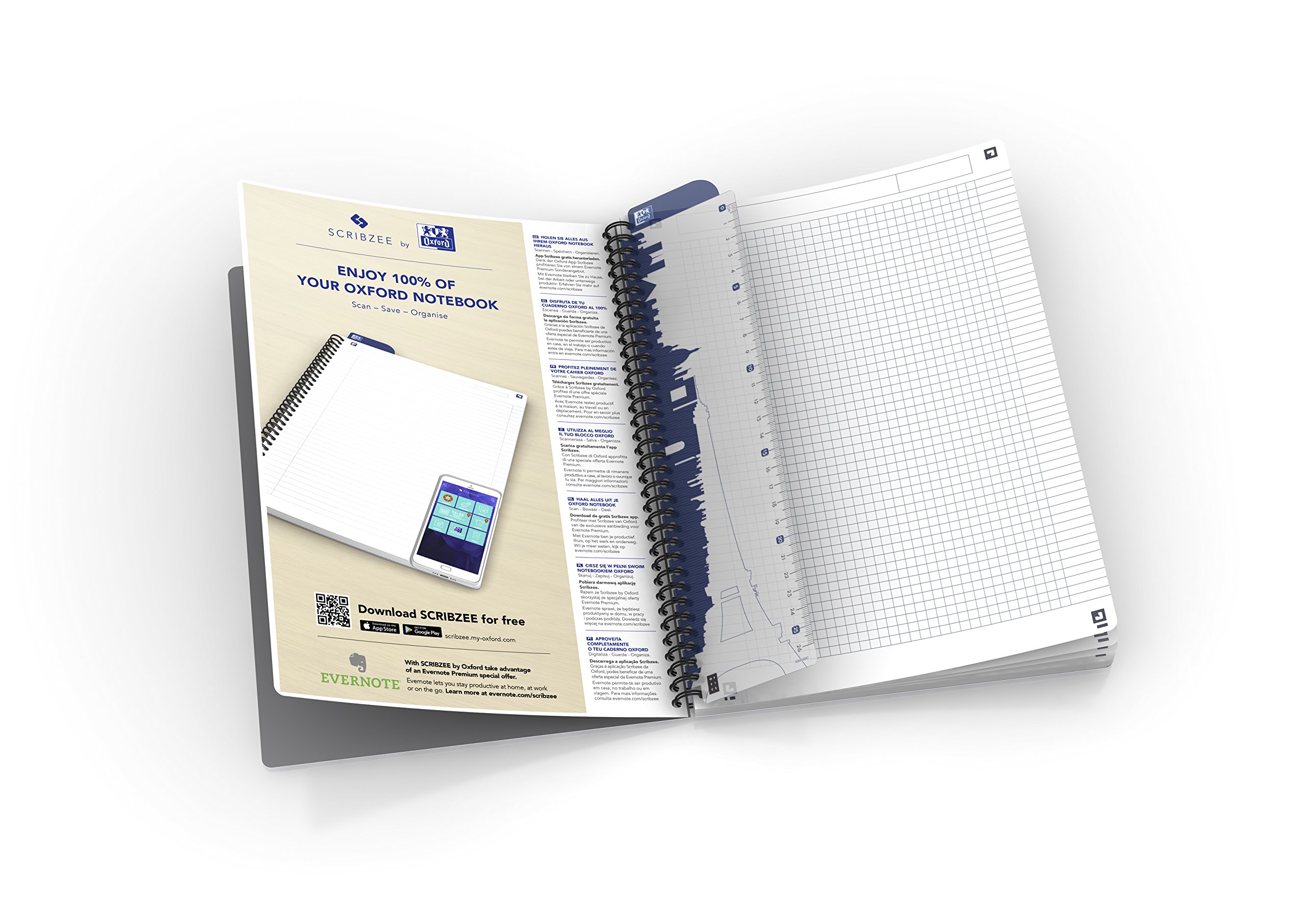 Oxford Essentials Notizbuch Spiralgebunden A5 5mm kariert 50 Blatt 90g Papier 10er Pack mit 6 Farben Softcover inklusive Lesezeichen-Lineal