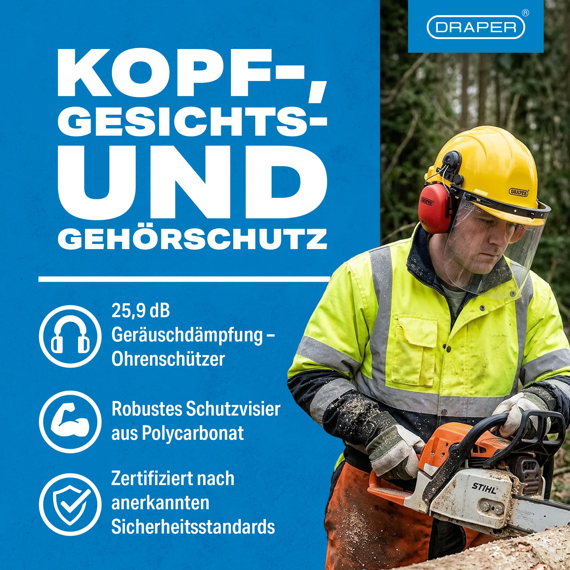 Draper Tools Schutzhelm mit Ohrenschützern und Gesichtsschutz, verstellbarer Forstschutzhelm mit Polycarbonat-Visier, entspricht Sicherheitsstandards, ideal für Forstwirtschaft und Landschaftspflege