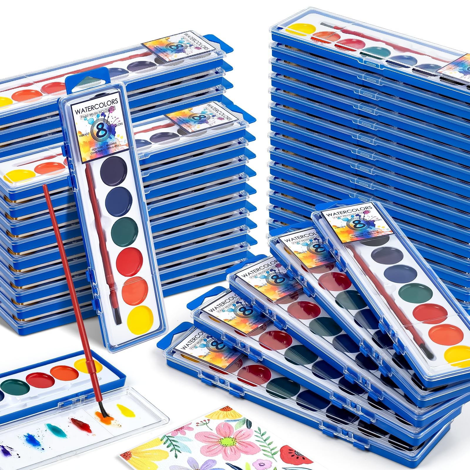 72 Pack Watercolor Paint Set Bulk,8 Colors Washable WaterColor Paint for Kids, Water Color Paint with Brushes, Ideal Gift for Party Favors, Art