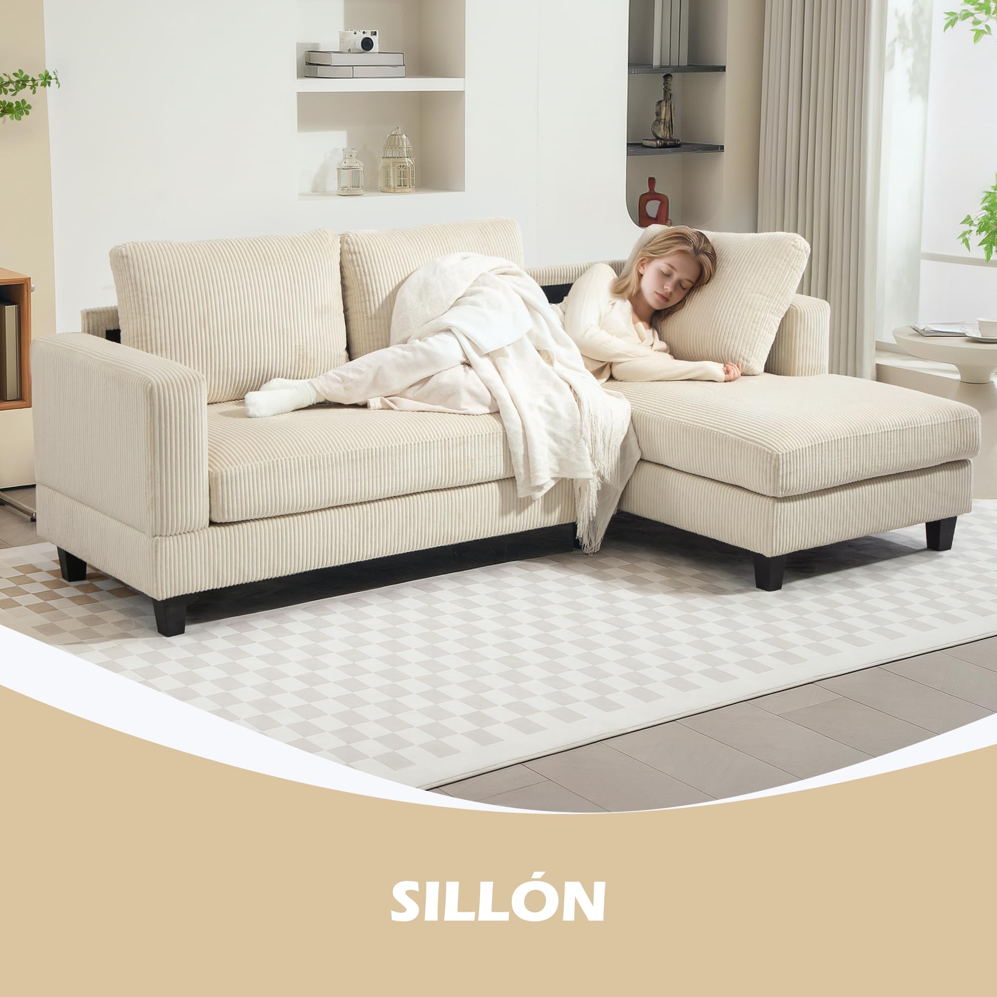 HOMCOM Sofá Chaise Longue, Sofá de 3 Plazas en Forma de L, Tapizado en Pana, Asiento y Respaldo Acolchados, para Salón, 214x134x87 cm, Beige