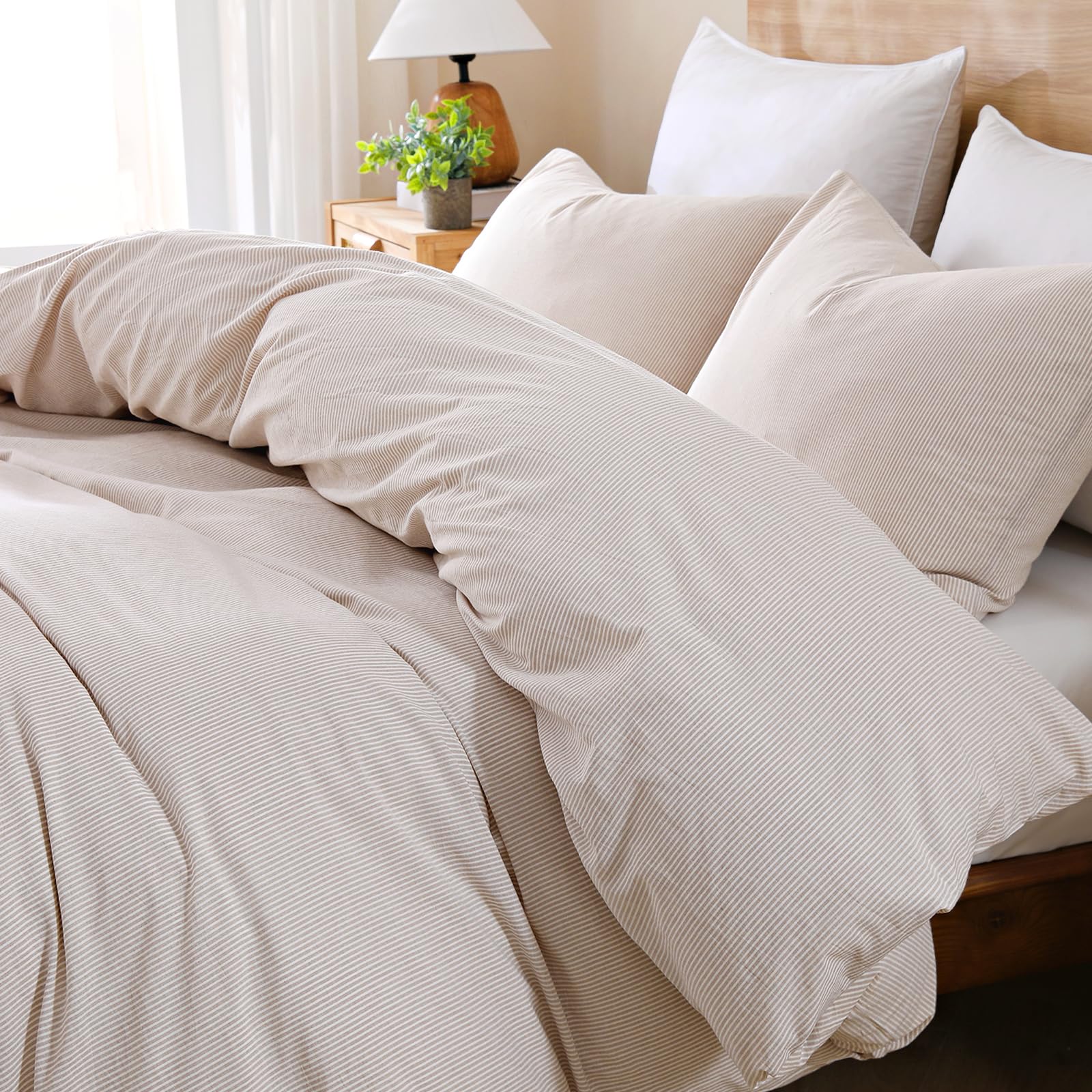 TOCOMOA Brown Striped Duvet Cover Set 100% Washed Cotton Like Linen, King