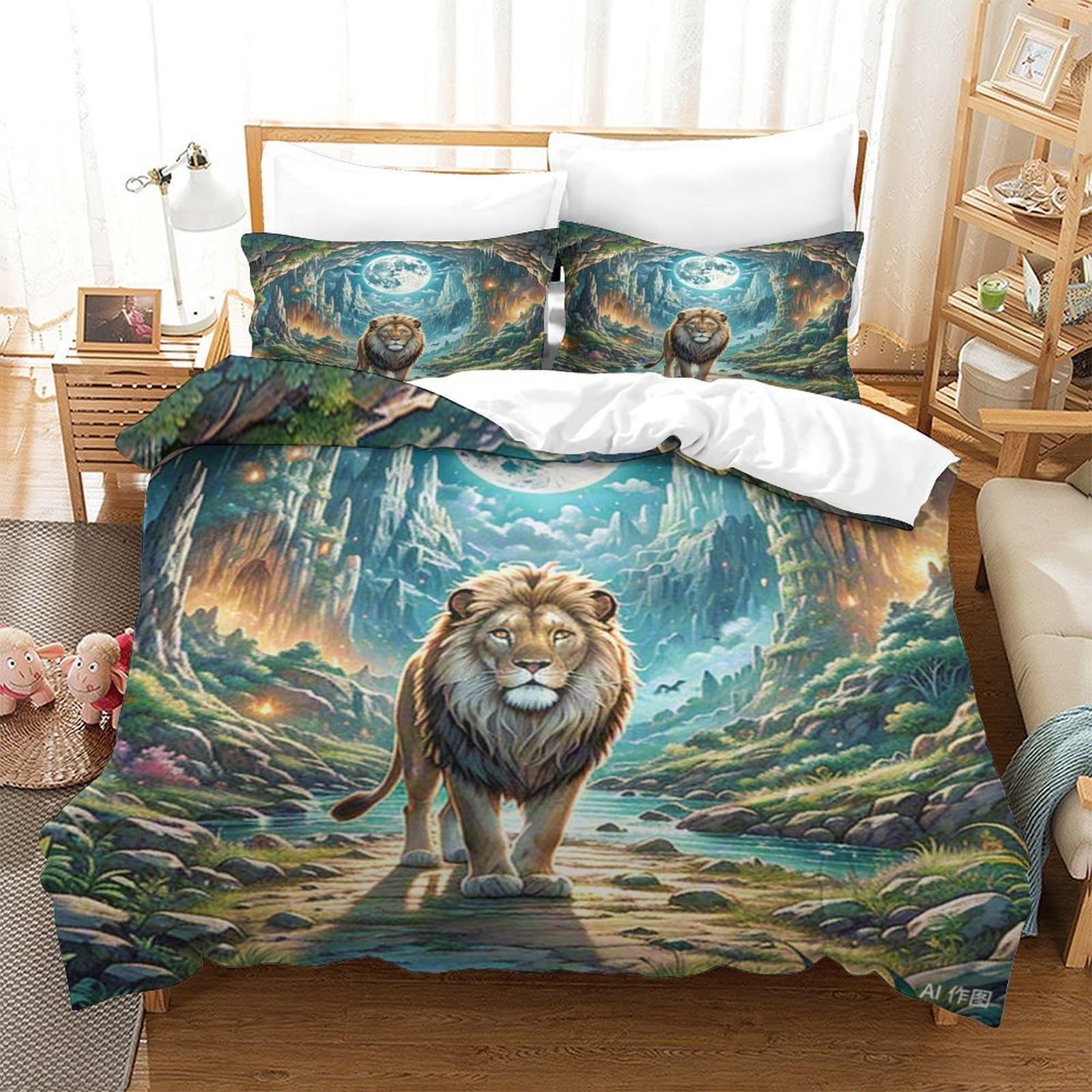 Housse de couette lion 3D pour lit enfant et ado 140x200 cm