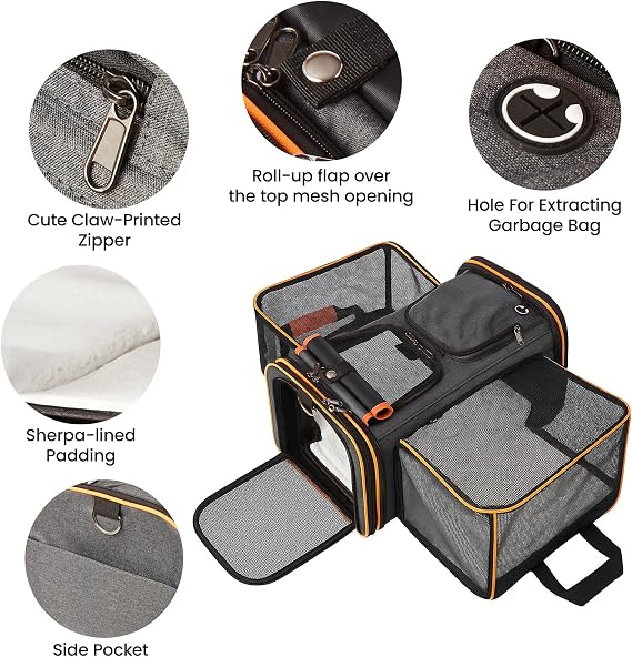 Soft Sided Portable Cat Carrier with Extendable Space & Fleece Bed Foldable Pet Carrier for Cats/Small Dog/Bunnies With Adjustable Shoulder Strap & Removable Mat (Orange)