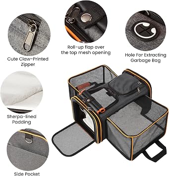 Soft Sided Portable Cat Carrier with Extendable Space & Fleece Bed Foldable Pet Carrier for Cats/Small Dog/Bunnies With Adjustable Shoulder Strap & Removable Mat (Orange)