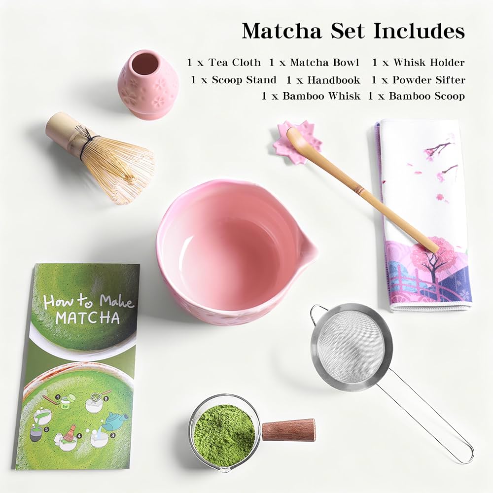 Kit Completo Per Matcha Cerimoniale - 7 Pezzi Con Frusta, Ciotola, Setaccio, Cucchiaio, Supporti E Panno, Design Sfumatura Rosa