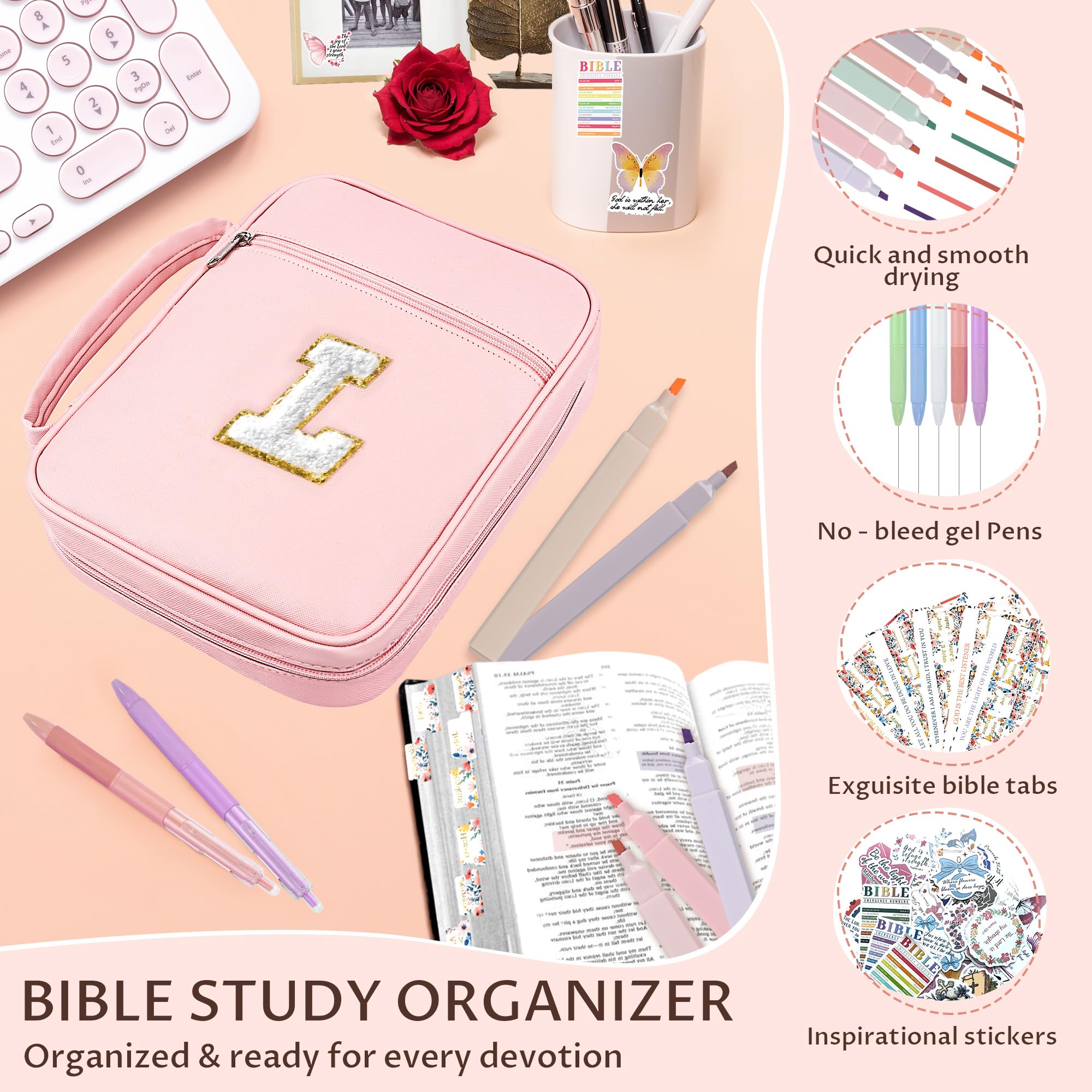 WOBAGMEN Okładka biblijna dla kobiet, różowa skóra PU, spersonalizowane etui biblijne z akcesoriami do nauki Biblii, w tym zakładki i zestaw zakreślaczy, prezent dla kobiet dziewcząt (różowy, L)