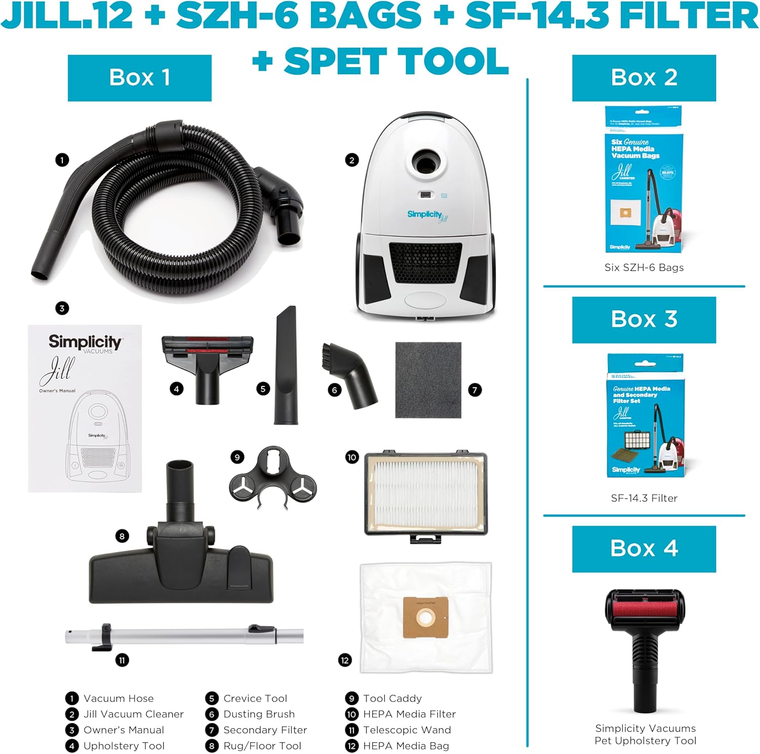 Simplicity Vacuums Jill Canister with Bags, Filter Set, and Pet Upholstery Tool Bundle, Rug and Hardwood Vacuum Cleaner with Dual-Certified HEPA Filter and Bag, Pet Vac