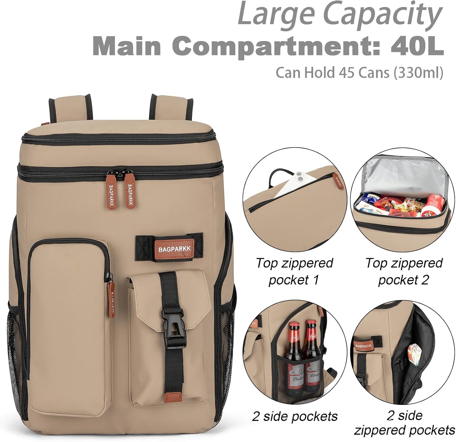 Insulated Cooler Backpack,33/45 Cans Multifunctional Double Deck Leakproof Cooler Bag with Sternum Strap,Large Capacity Lightweight Travel Camping Beach Backpack - Image 4