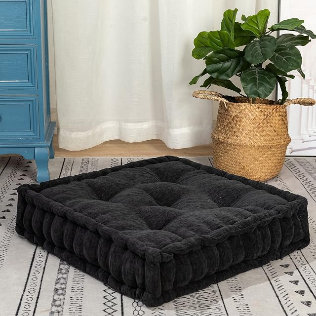 HIGOGOGO Floor Cushion Pouf, Square Floor Pillow Seating Chenille Meditation Cushion, Thick Tufted Pillows for Living Room Yoga Bedroom Sofa, Black, 20"x20"x5.5"