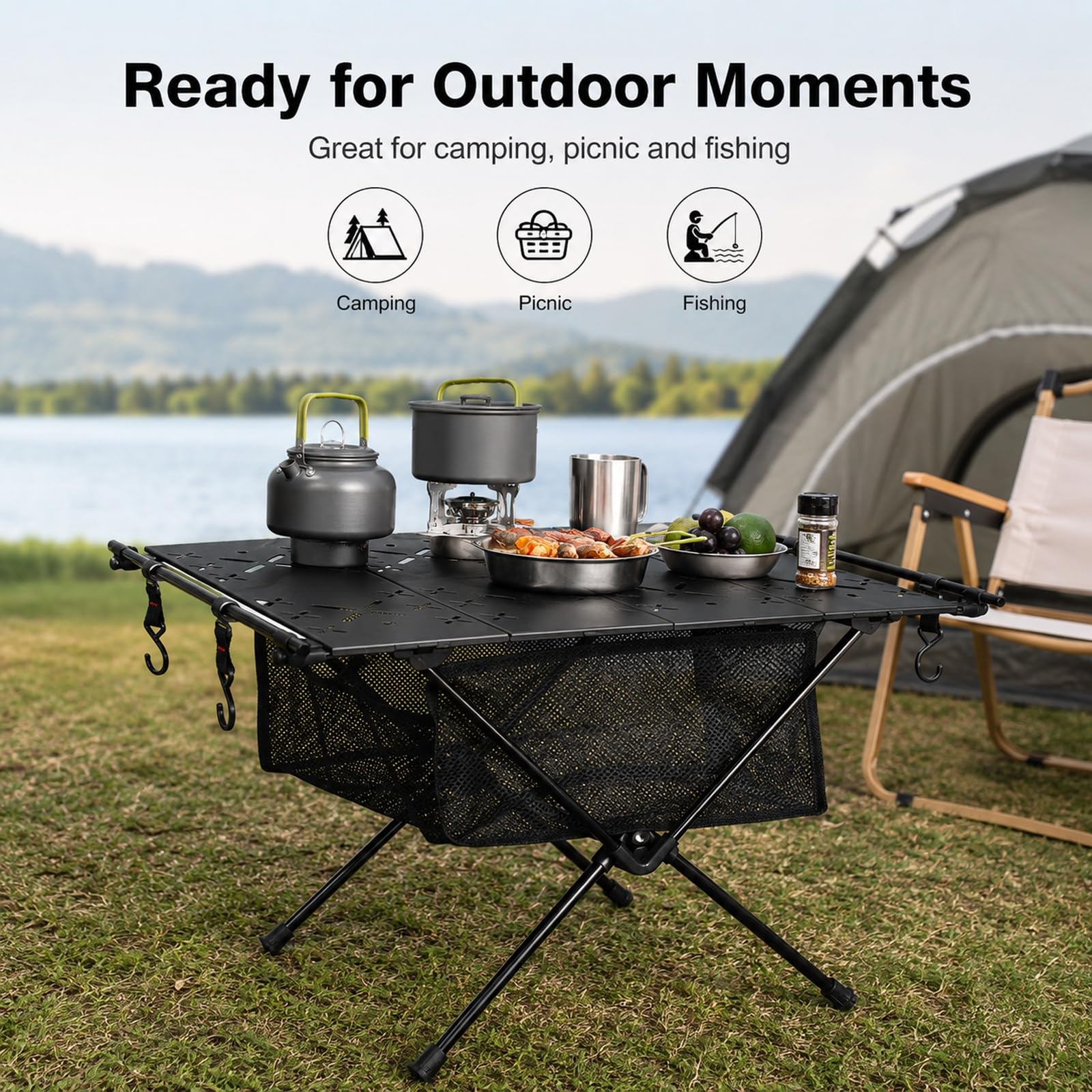 GOOGO Tavolo pieghevole da campeggio con piano in alluminio e ripiano in rete, tavolino ultraleggero per picnic, pesca e cucina all’aperto, 59 x 40 x 38 cm (nero)