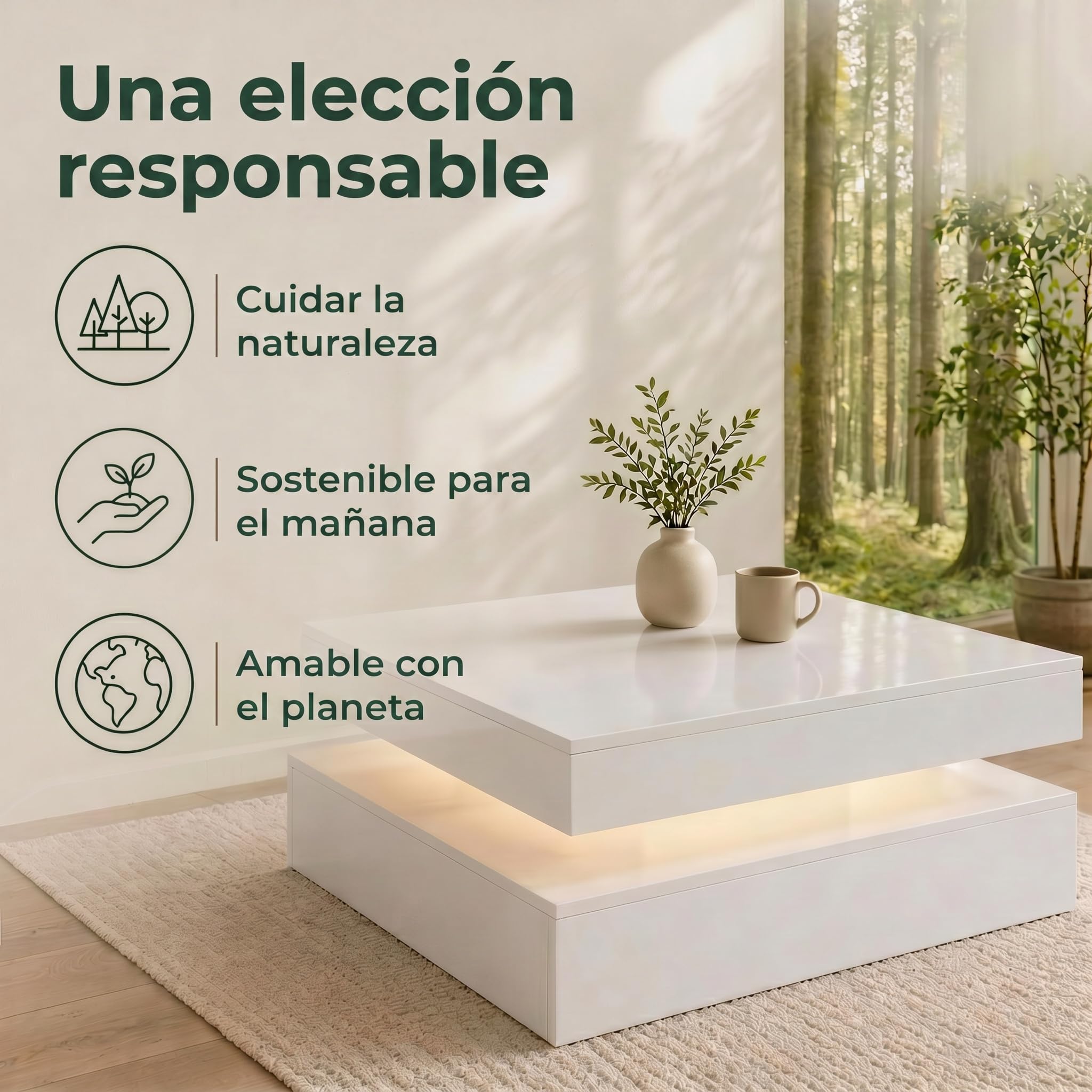 HOMCOM Mesa de Centro con LED RGB de 7 Colores 78x78x40 cm Blanco | Mesa de Café para Salón, Alto Brillo, con Mando a Distancia, Almacenamiento Abierto, Comedor, Oficina