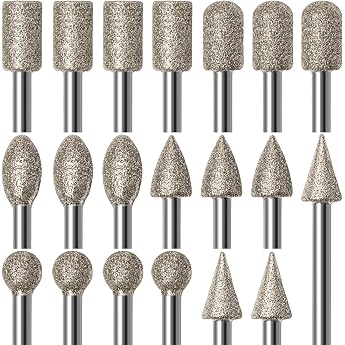 Diamond Sculpture Burr Set 20 Pieces Rotary Tool Accessories 1/8 Shank Engraving Grinding Stone Rock Jewelry Glass Ceramic