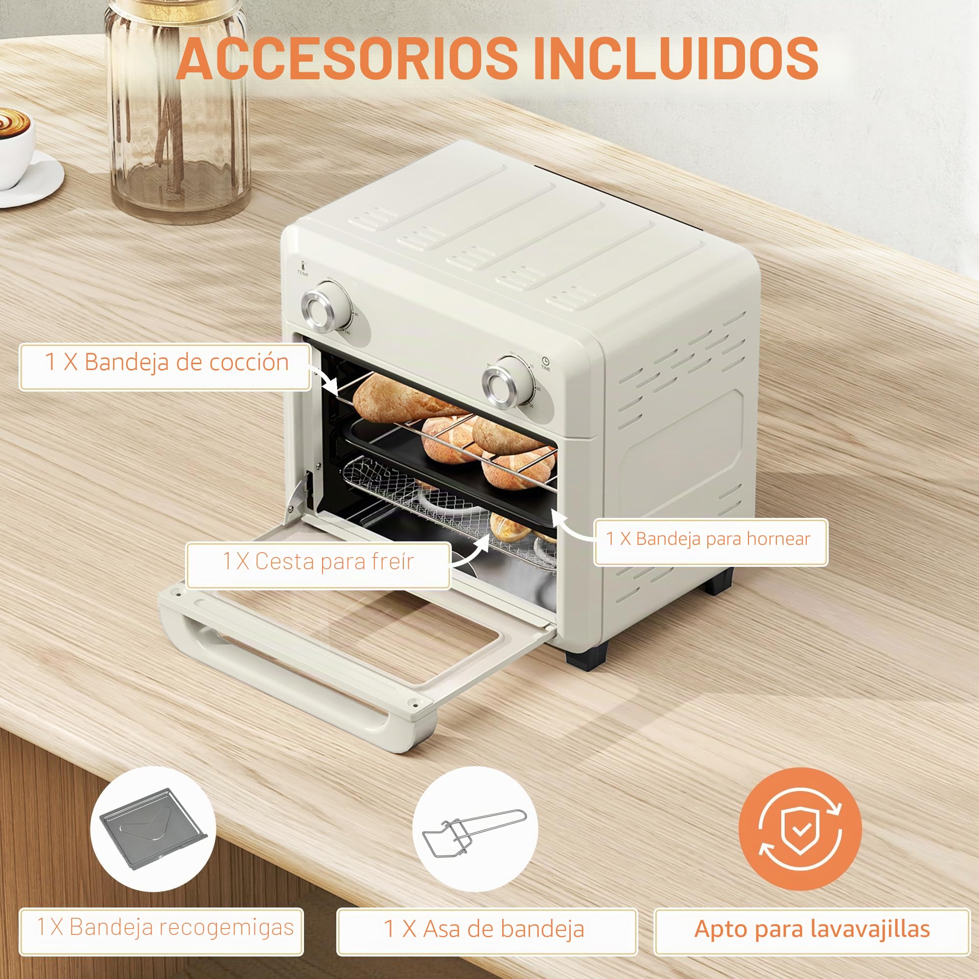 HOMCOM Mini horno con convección 10L Freidora de aire 1000W Blanco crema