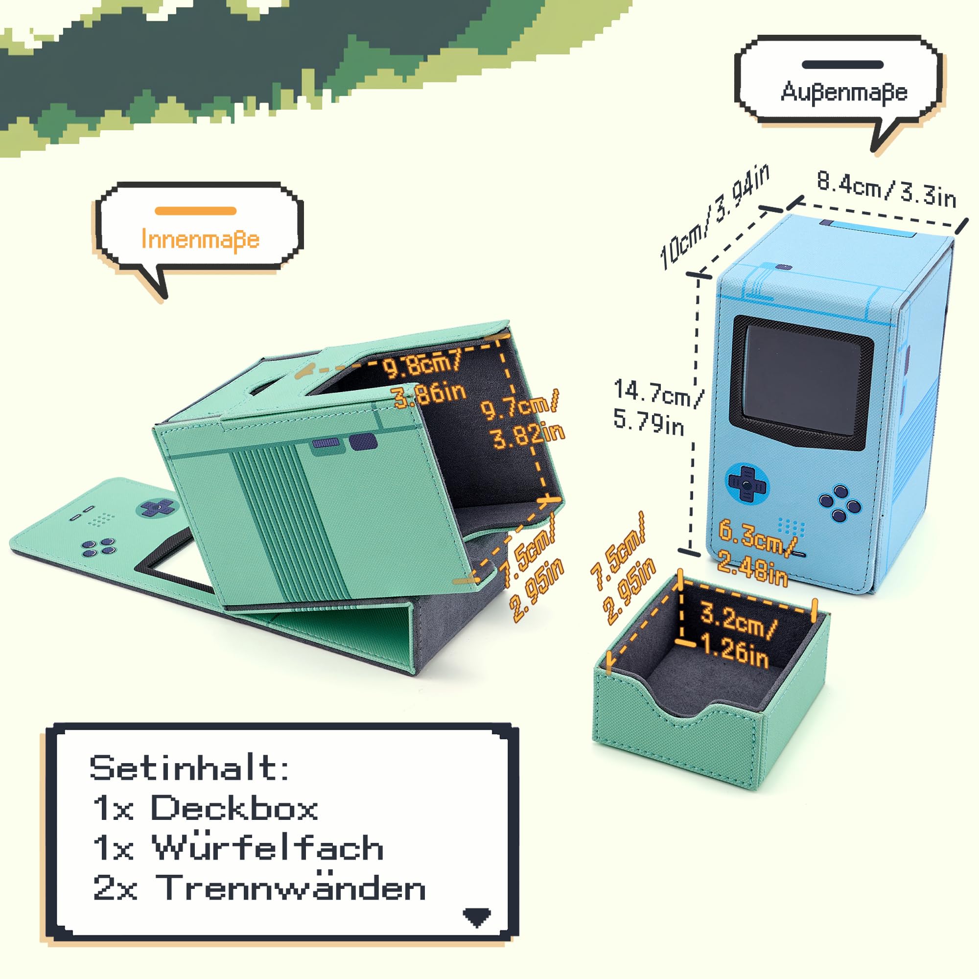 MTG Deckbox mit Würfelfach & Commander-Anzeige, Retro Konsole Kartenbox für 120 einfach gesleevte Karten, Sammelkarten Aufbewahrungsbox aus PU-Leder mit 2 Trennwänden, kompatibel TCG/PTCG (Lila)