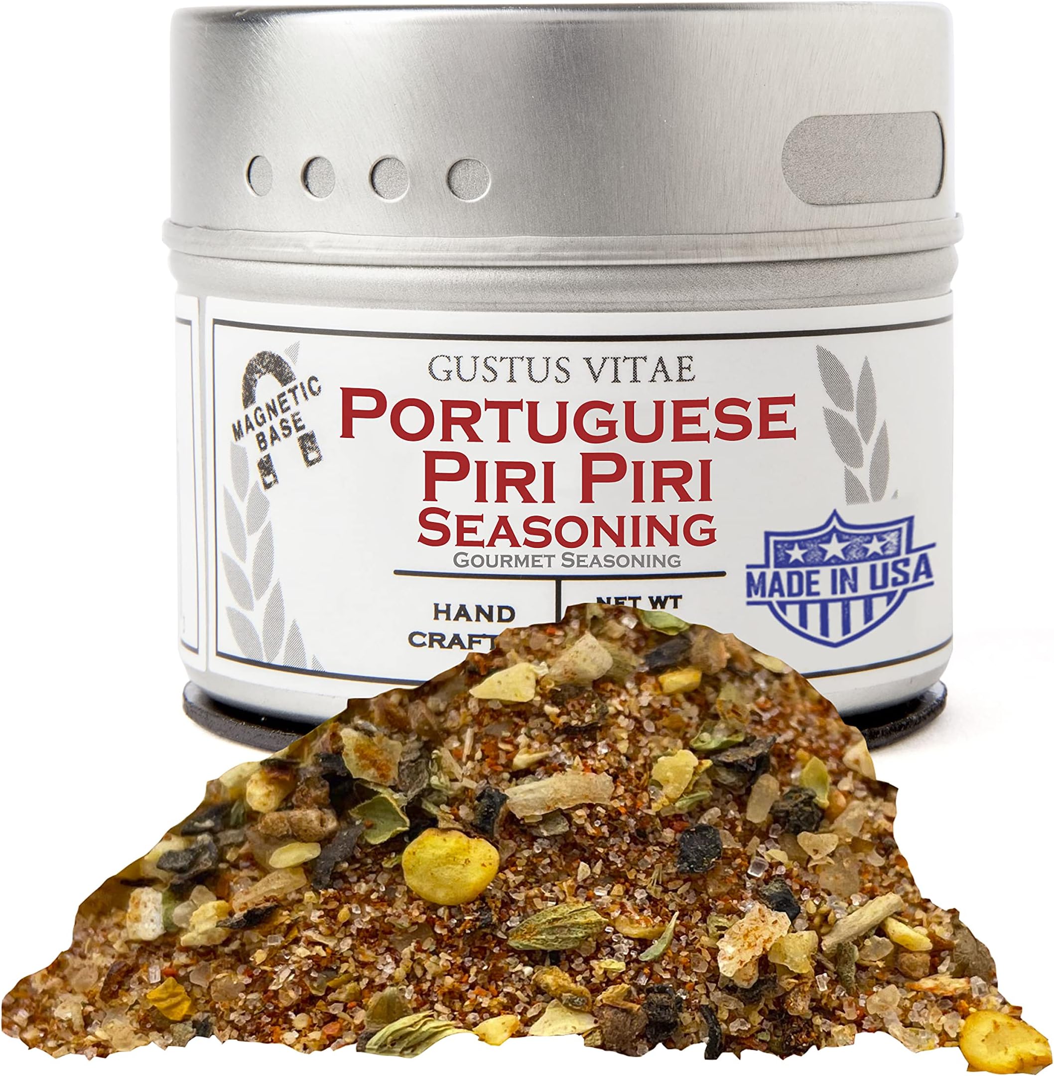Portuguese Piri Piri Fire Seasoning | Gourmet Spice Blend | Non GMO, All Natural | Handmade in Small Batches in USA | Artisanal Seasoning Mix | Magnetic Tin | GLP-1 Friendly | Sustainably Sourced Rub | Ultra Premium | Gustus Vitae