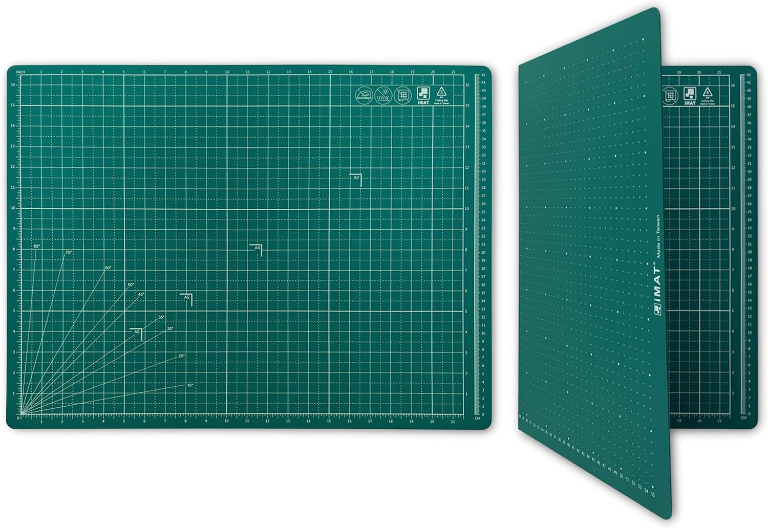 iMAT Flip Cutting Mat Note A2, Foldable, Double-Sided, Navy Blue | Inch grid front, cm dot back for precise measuring. Large 18" x 24" workspace, ideal for crafts, sewing, and DIY