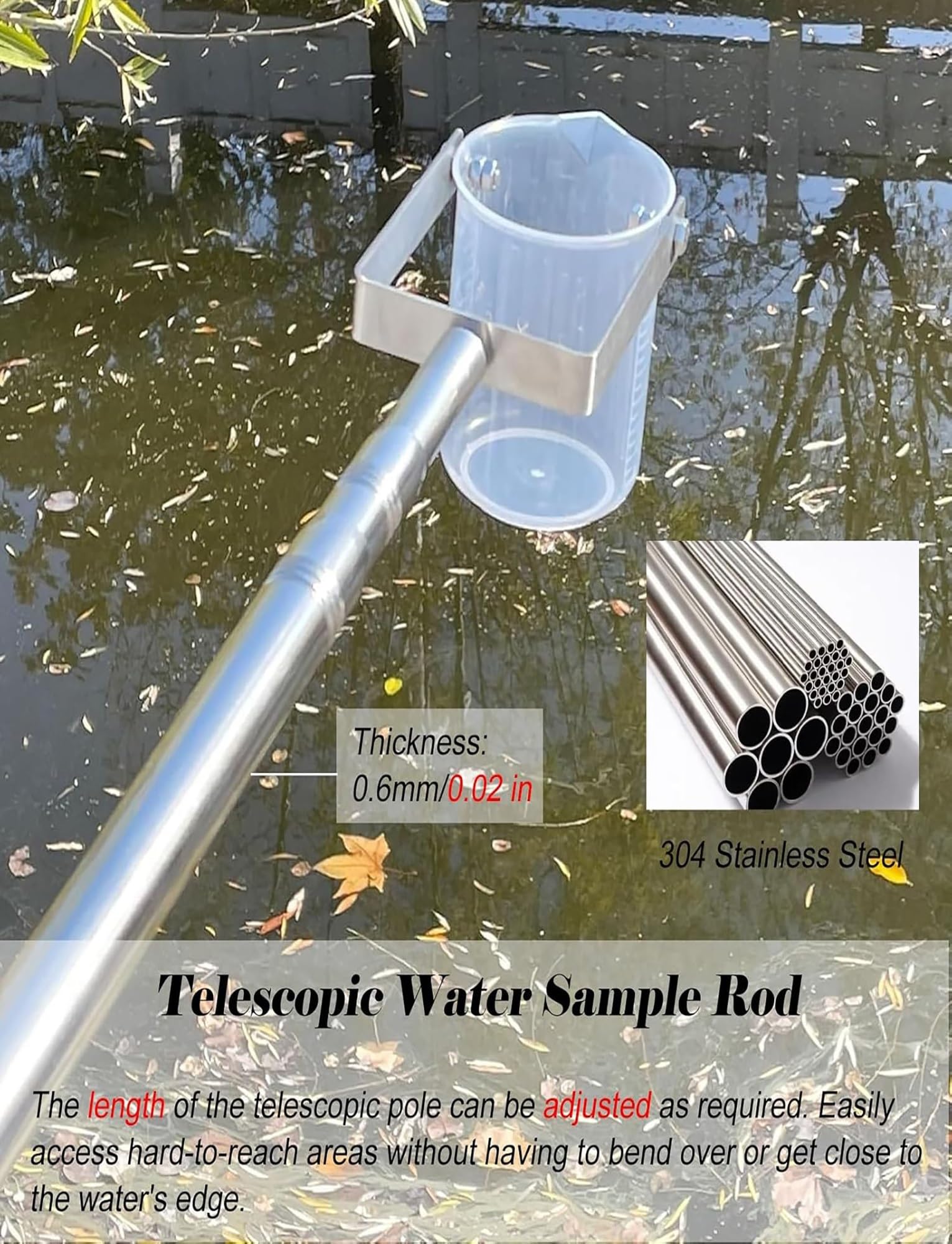 Estensione leggera for il campionamento dell'acqua for la produzione di campionatori d'acqua in acciaio inossidabile su palo, strutture/laboratori/piscine, con tazza graduata(400cm/157in)