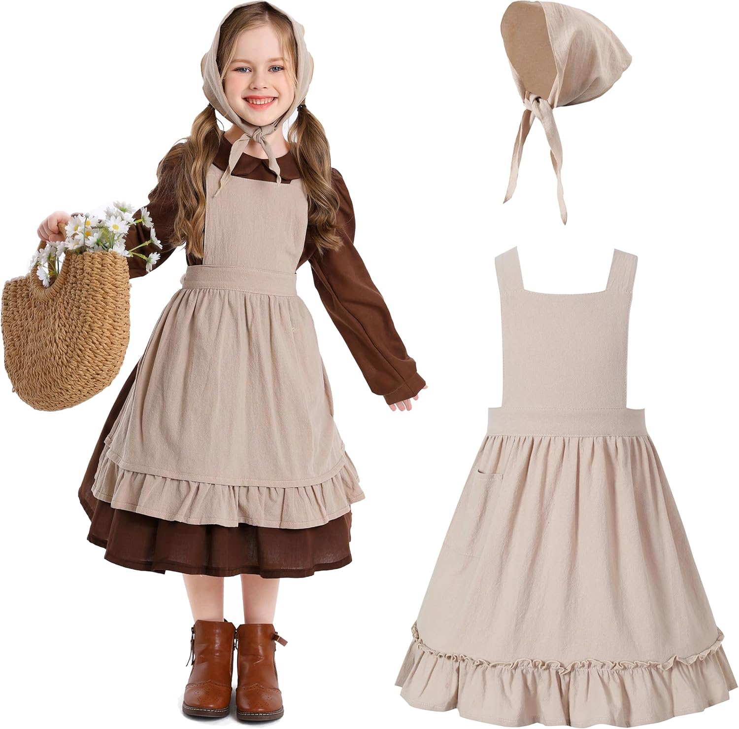 Colonial Prairie Costume Dress for Girl,Kid Manor Maid Dress,Victorian Maid Costume with Apron Hat