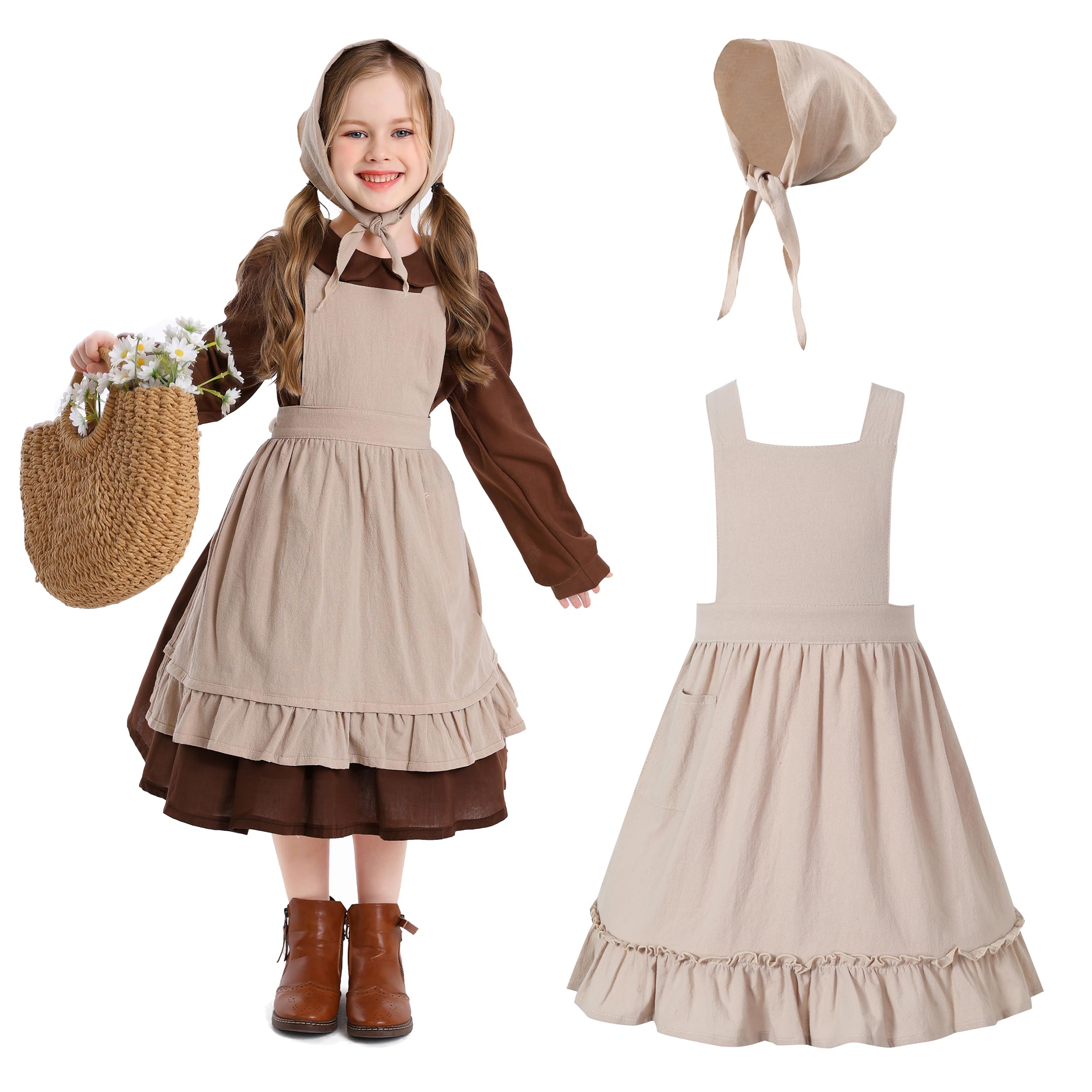 Kosgraiy Colonial Prairie Costume Dress for Girl,Kid Manor Maid Dress,Victorian Maid Costume with Apron Hat