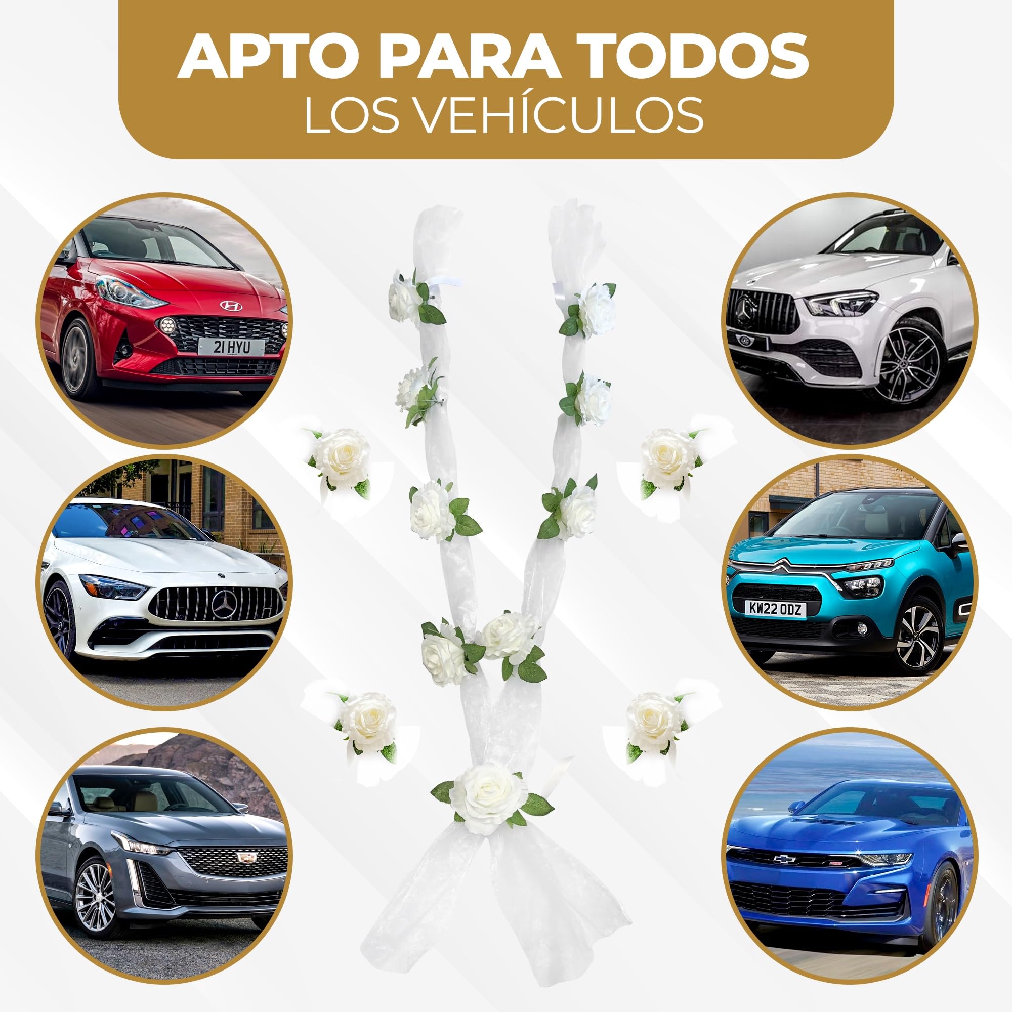 Nueva Vida Guirnalda de Flores de Seda para el Coche de Boda de 2 x 180 cm, Incluye 4 Extra Flores Individuales para Tiradores de Puerta