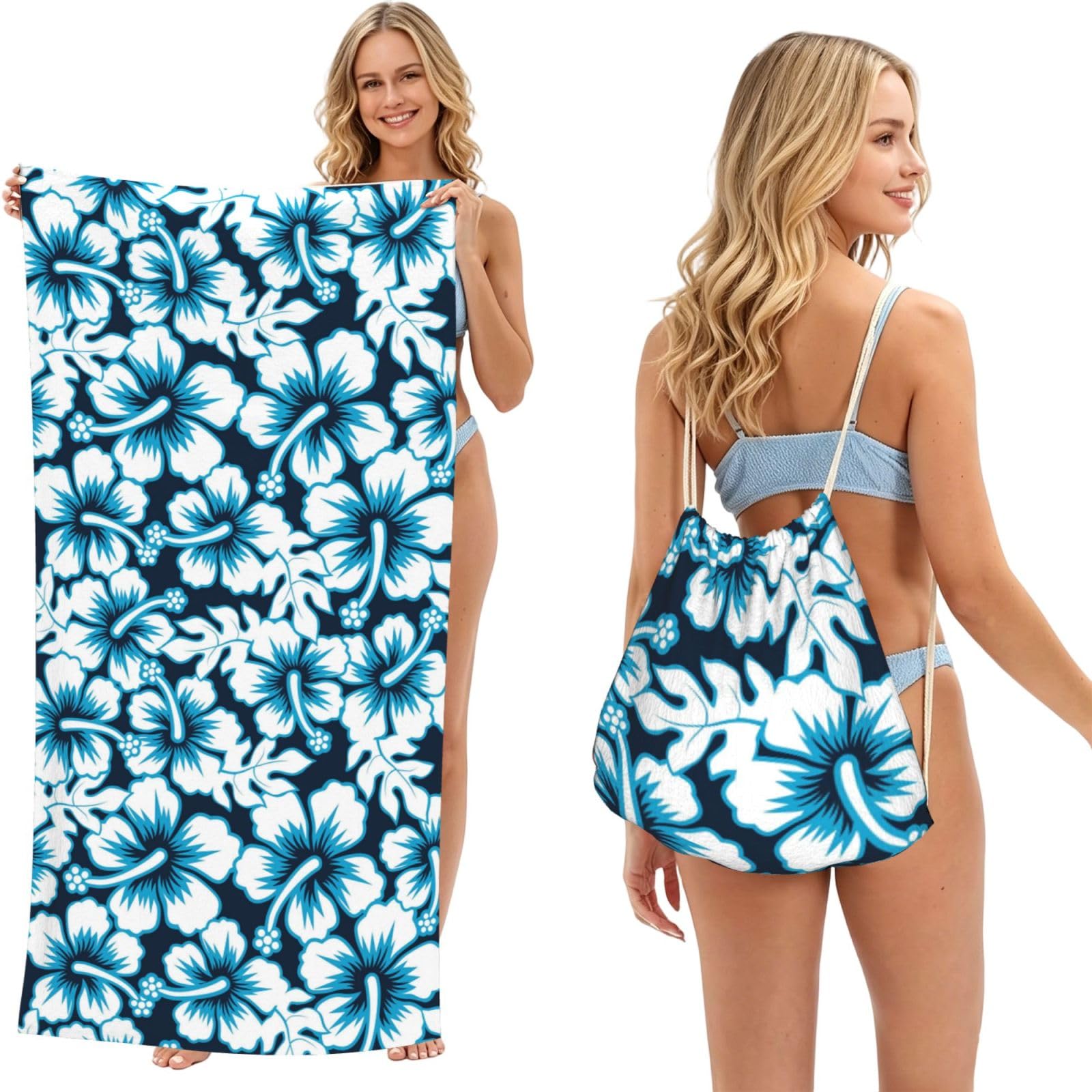 Poadnly As Picture Floral Hibiscus, 2 In 1 Packable Towel Bag, Beach Towels With Drawstring Backpack For Travel Holiday Camping