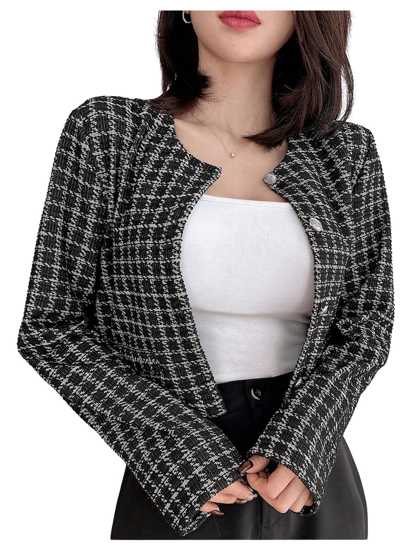 OYOANGLE Women's Plaid Button Down Tweed Jackets Long Sleeve Casual Crop Coat Outerwear