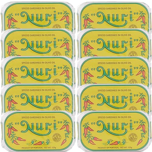 NURI Sardinas portuguesas en aceite de oliva especiado - Paquete de 10 - (latas de 4.4 onzas) NURI Sardinas portuguesas en aceite de oliva especiado - Paquete de 10 - (latas de 4.4 onzas)