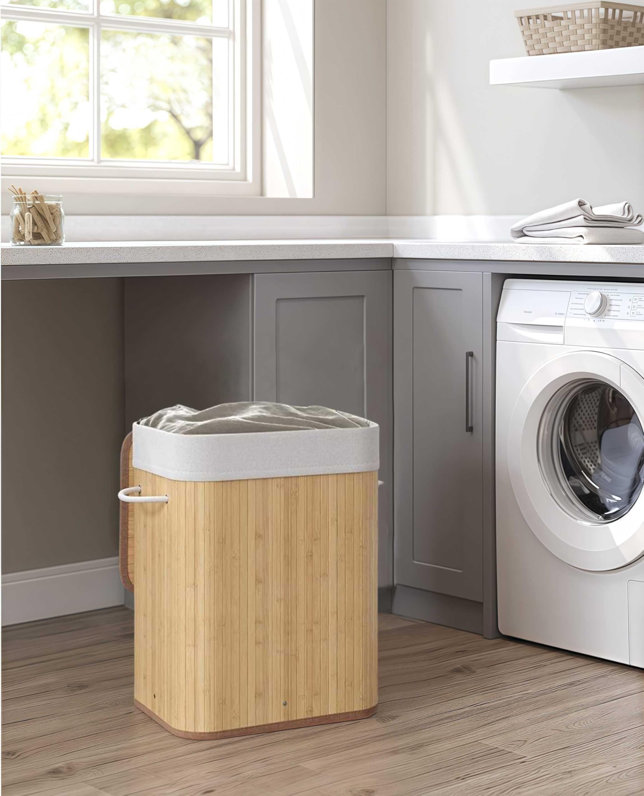 Cesto Para Ropa Sucia, Pongotodo con Tapa Separada Individualmente y Asas, Bolsa Lavable Extraíble, Cesta de Bambú Para Ropa (Retangular)