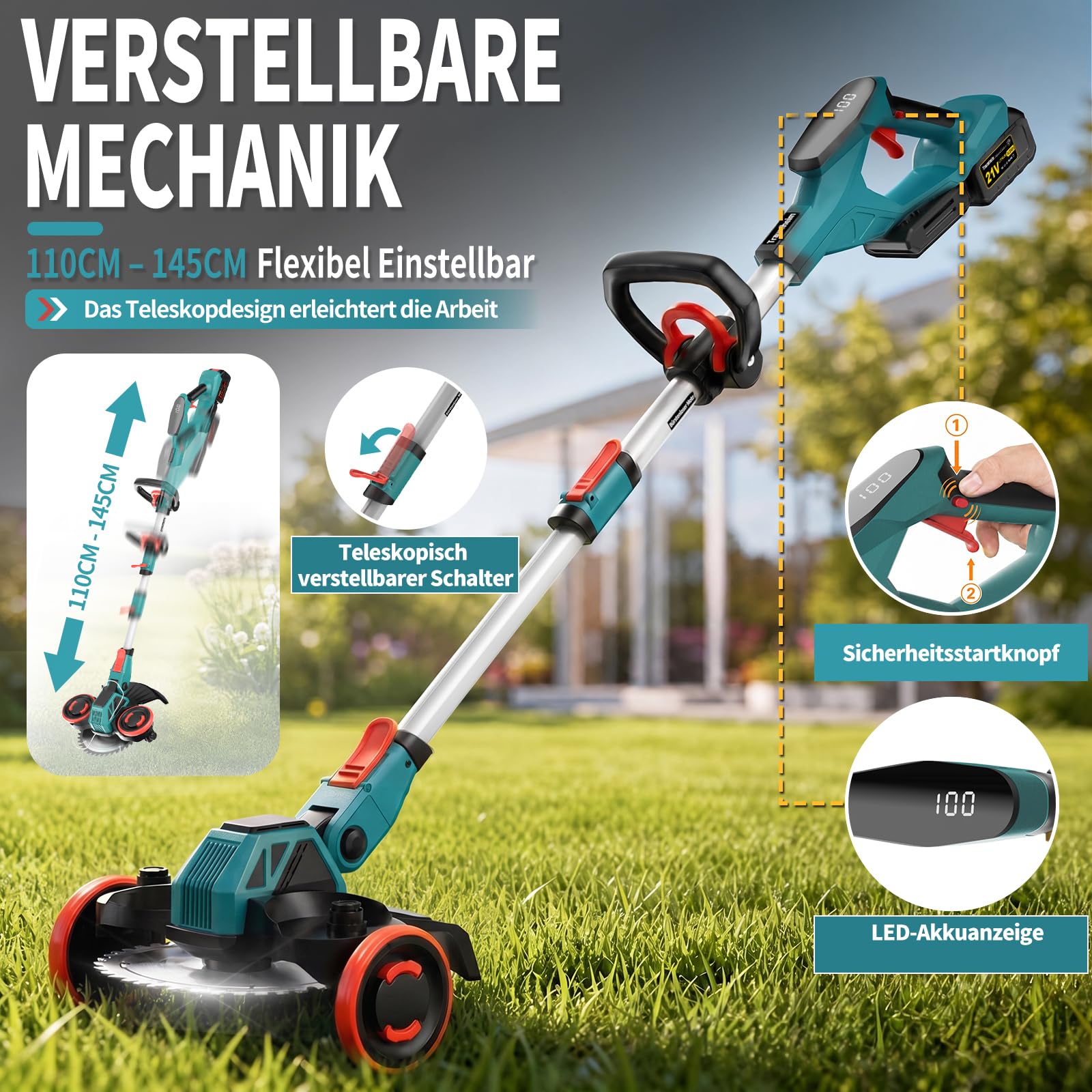 Rasentrimmer mit Akku, 5-IN-1 Rasentrimmer mit Unkrautbürste/Rädern, 21V/2 * 4.0Ah Akku Rasentrimmer, 900W Bürstenloser Motor Akku Freischneider, Akku Motorsense für Rasen, Garten, Hof