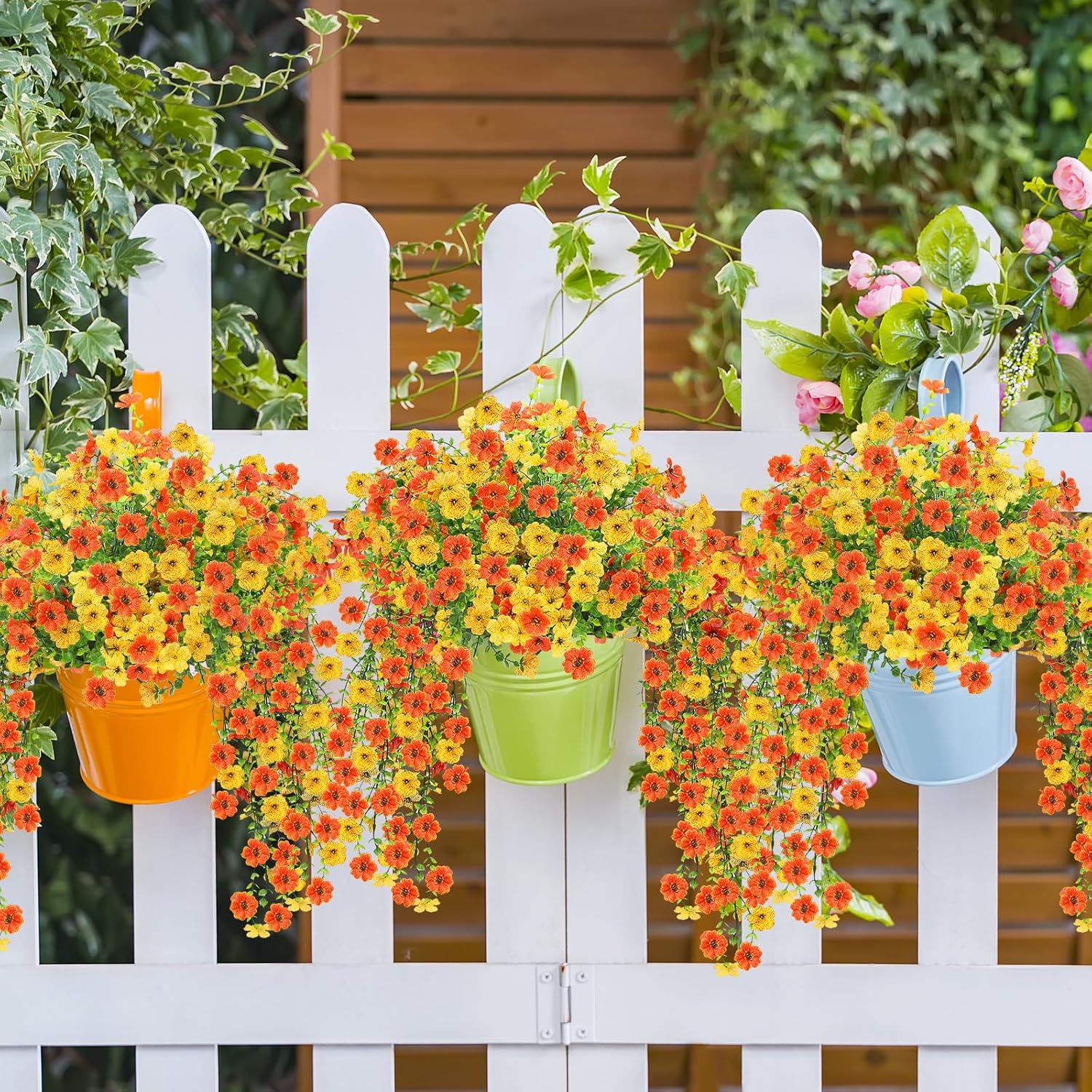 Artificial Flowers for Outdoors 6PCS，All Weather Fade Proof, UV Resistant Waterproof Realistic Faux Silk Mums Daisies Yellow & Orange for Hanging Planters Porch Patio Balcony Deck Fence Garden Decor