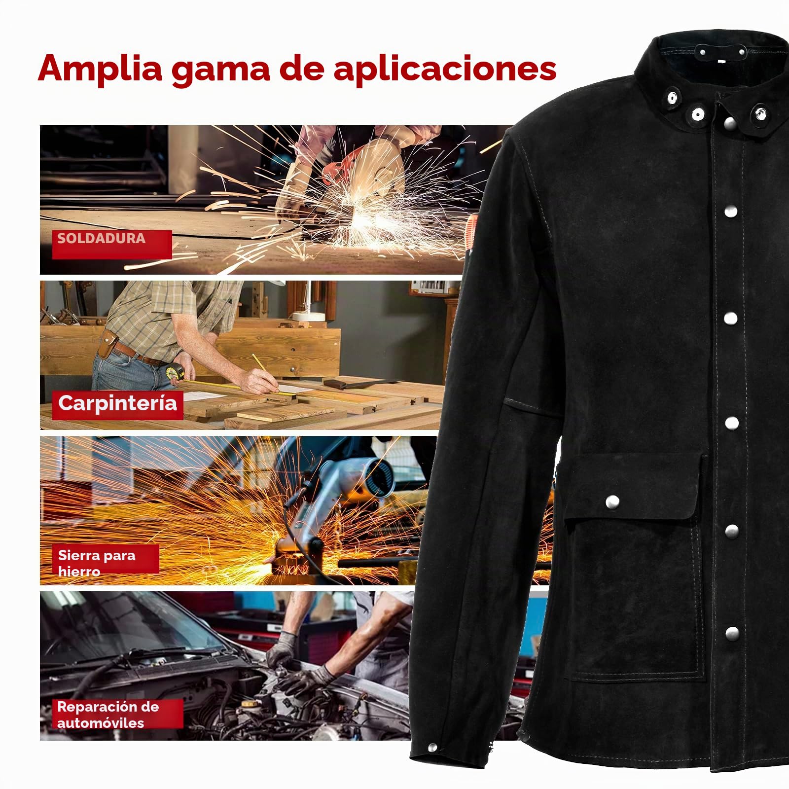 QeeLink Chaqueta de Soldadura de Cuero Hombre Resistente al Calor Heavy Duty Seguridad Soldador Ropa Trabajo Negro
