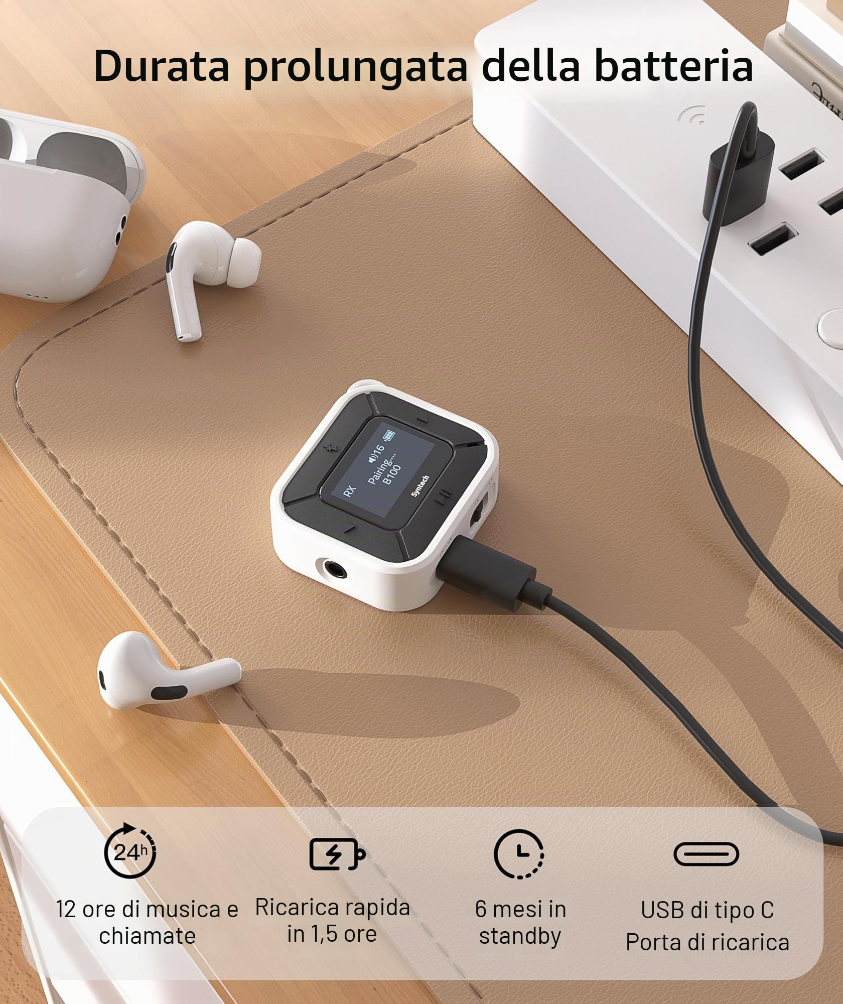 Syntech Aereo Bluetooth Trasmettitore Ricevitore con Extra Dual 3.5mm AUX Adattatore, LED Display A Bassa Latenza Dual Link Bluetooth 5.3 Auricolare Adattatore per Auto AirPods Cuffie senza Fili