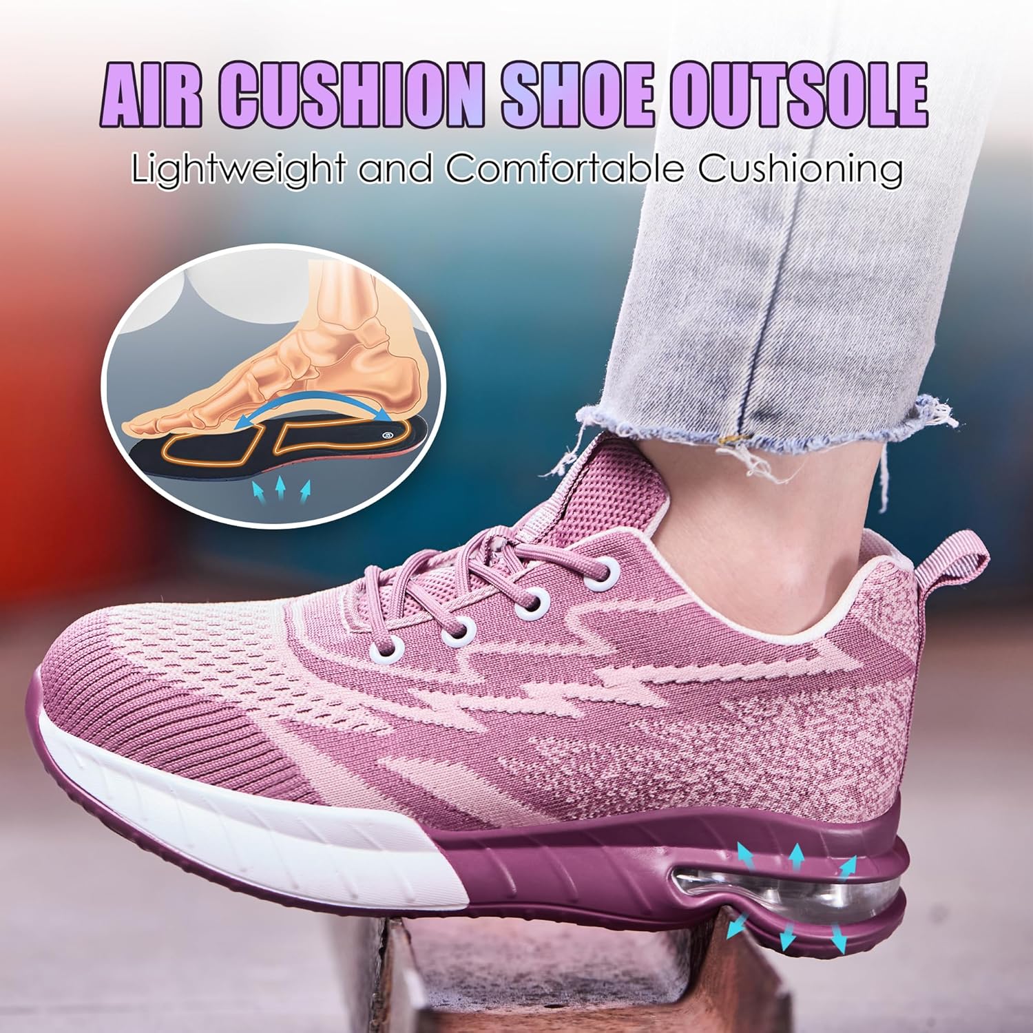 Asiman Steel Toe Shoes for Women Air Cushion Safety Work Shoes Breathable Lightweight Work Sneakers Construction Industrial Composite Toe Sneakers