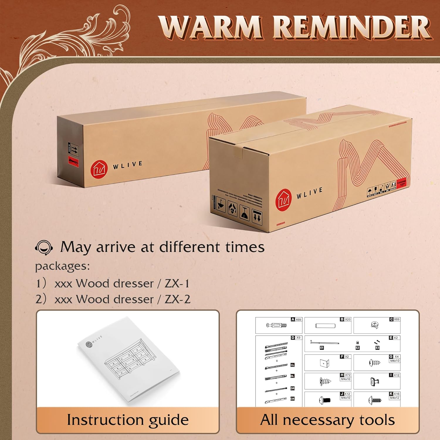Image showing two packages, an instruction guide, and a collection of assembly tools