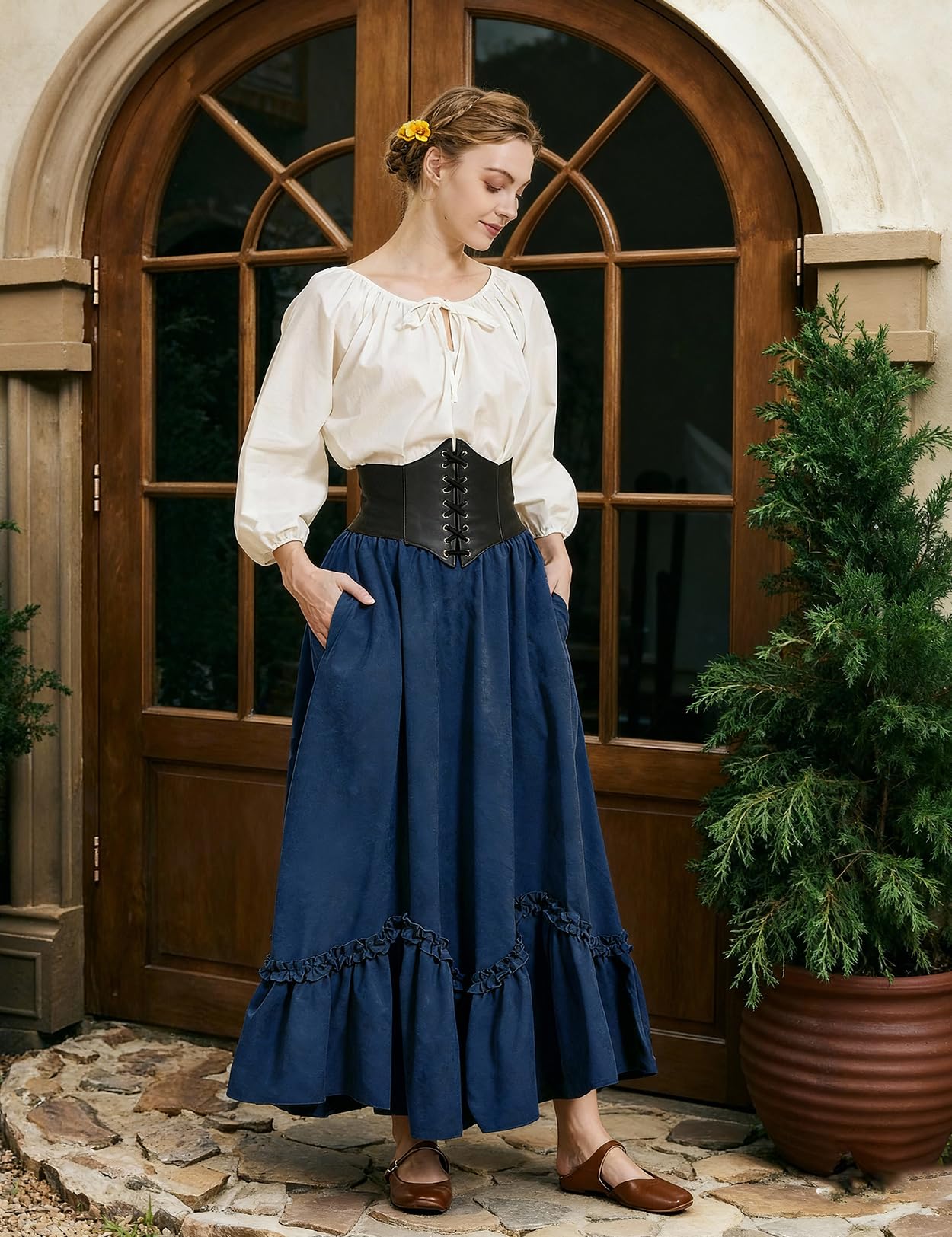 BEAUTELICATE Mittelalter Rock Damen Lang Vintage Maxirock A-Linie mit Taschen Viktorianische Rüsche Weitrock für Wikinger Cosplay LARP Faschings Kostüme