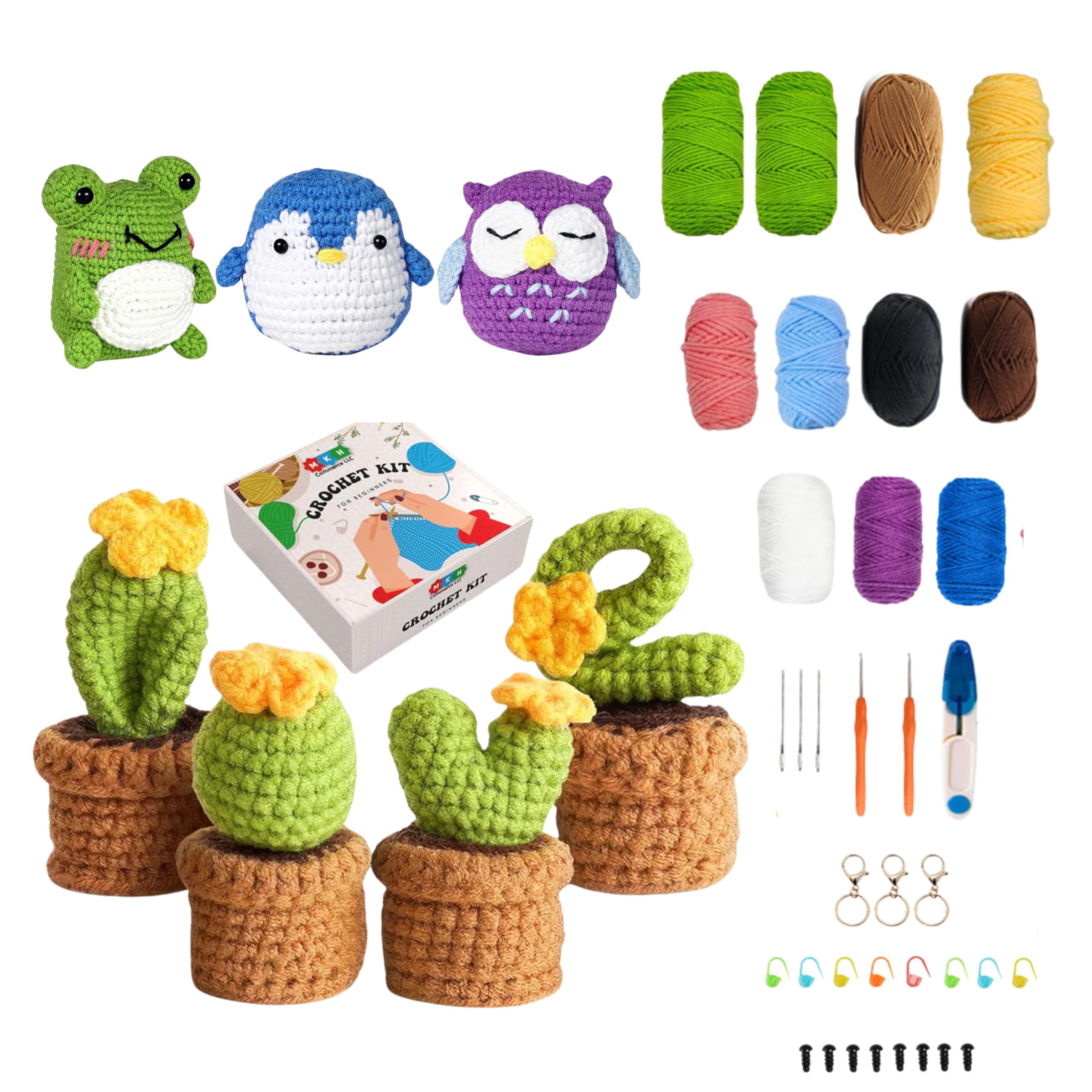 Crochet Kit for Beginners, Crochet Starter Kit with Step-by-Step Video Tutorials, 3 Pattern Animals & Love Letter Planters, Knitting Kit for Adult & Kids, DIY Knitting Supplies, Yarns, Accessories