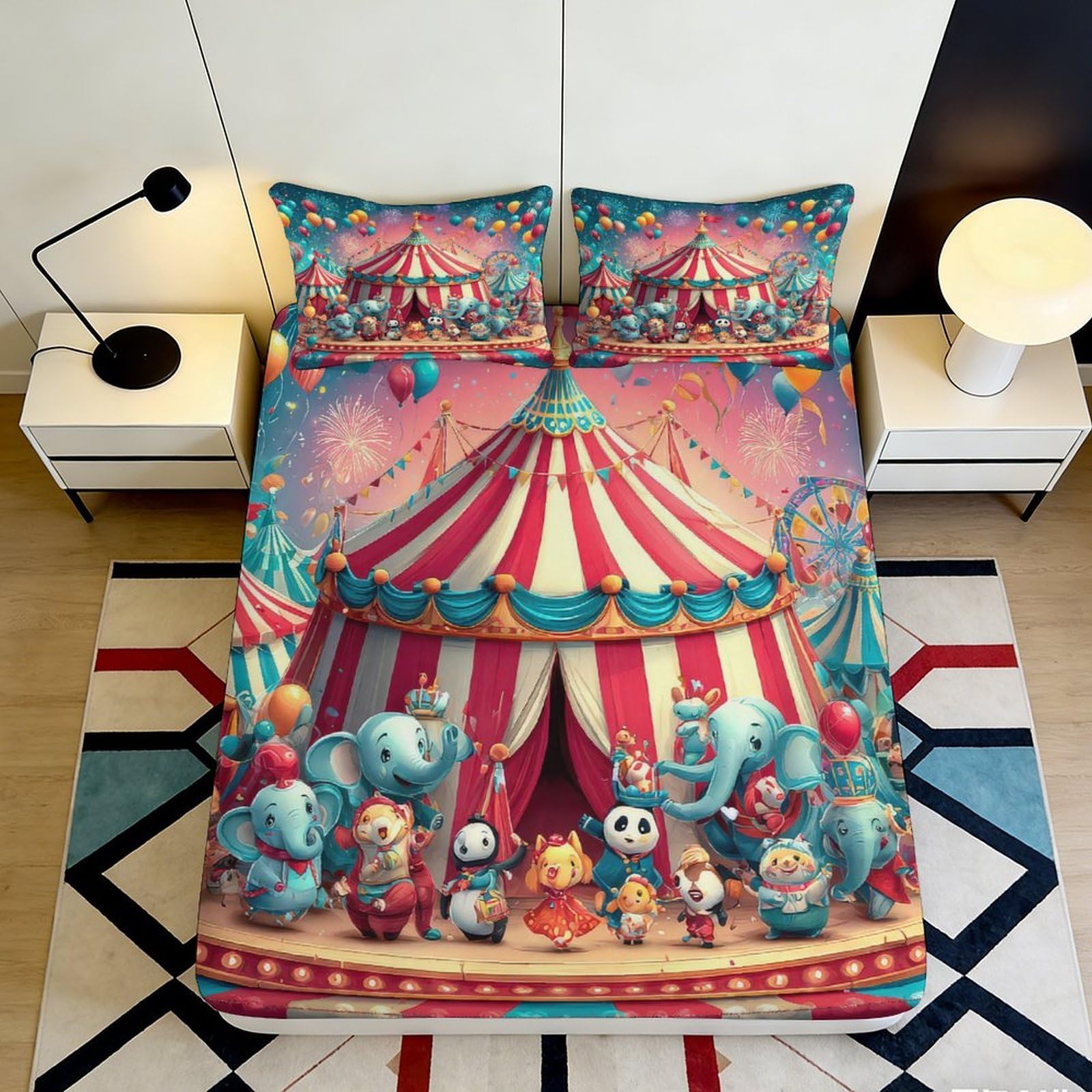 3D Printed Circus Tent Fitted Sheet Microfiber Soft Carnival Animals Mattress Cover for Bedroom Guest Room Decor 90x200x25cm