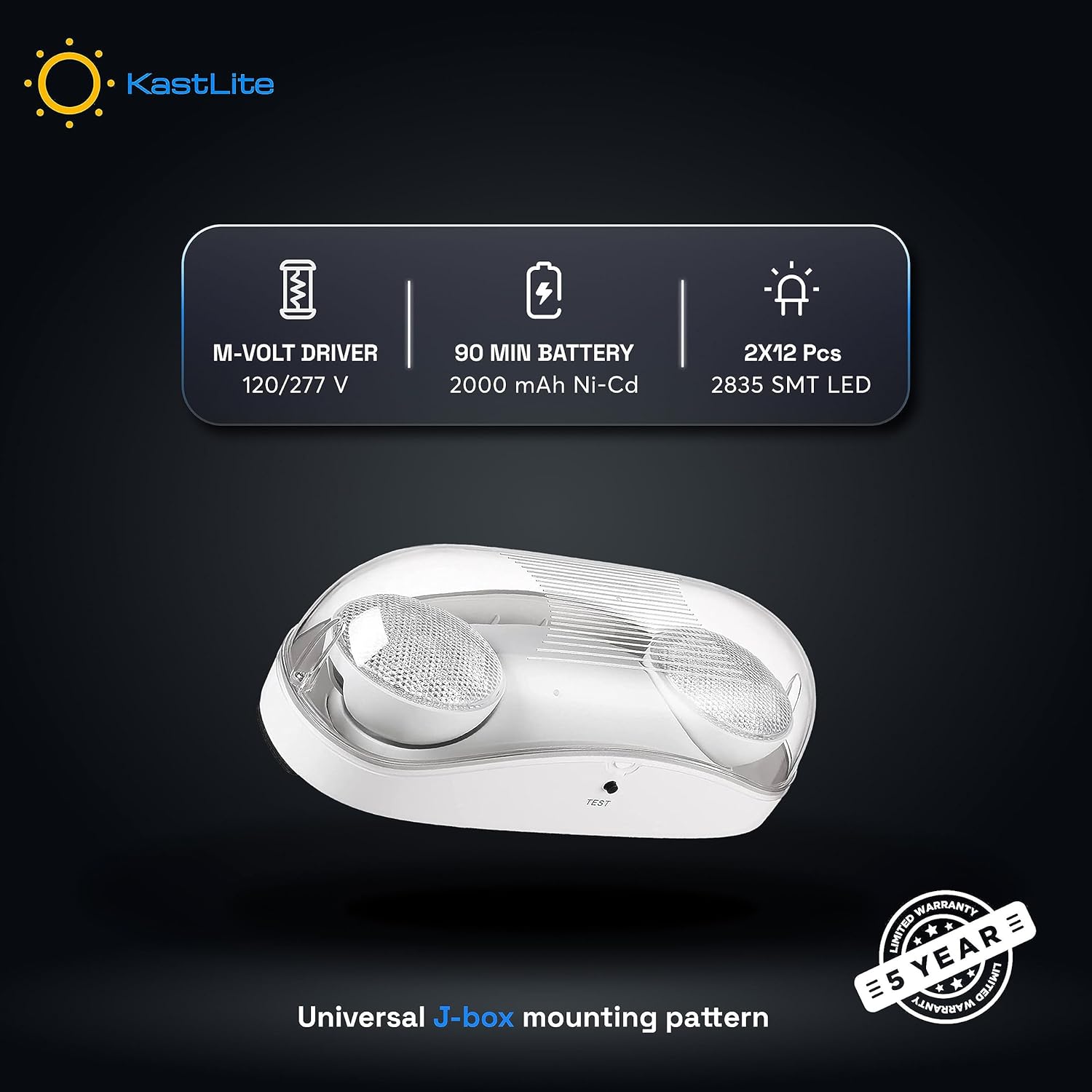 KASTLITE LED Wet Rated Emergency Lights - Commercial Emergency Lights for Power Outages - Adjustable 2-Head Flood Lamps - Fire Resistant - Backup Battery (90 min) - Wall Mount, Contractor Standard