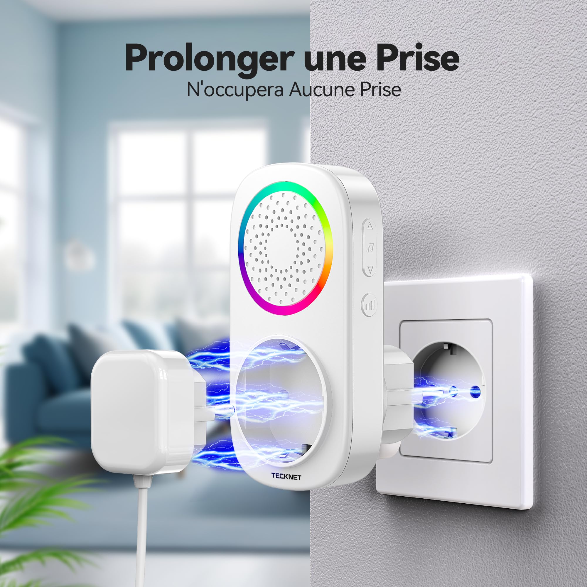TECKNET Sonnette sans Fil, 300M Sonnette RGB de Porte sans Fil Auto-alimentée, IP65 Étanche Carillon Electronique, Kit de Carillon avec Récepteurs Enfichables, 60 Mélodies, 5 Niveaux Volumes