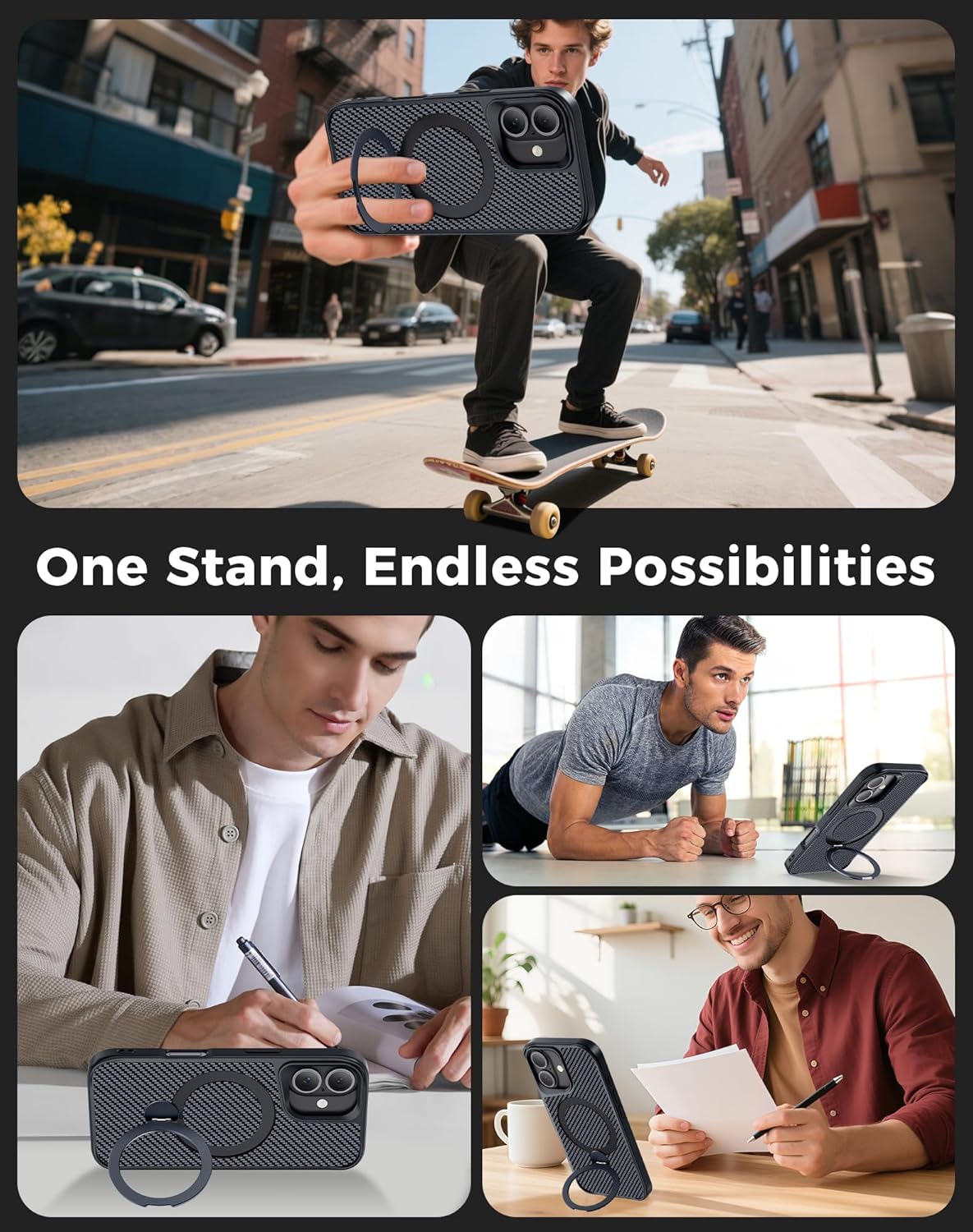 Designed for iPhone 16 Case with 360° Magnetic Stand, Carbon Fiber Phone Case [Compatible with Magsafe] [15FT Military Protection] with Stand Ring 6.1'', Black