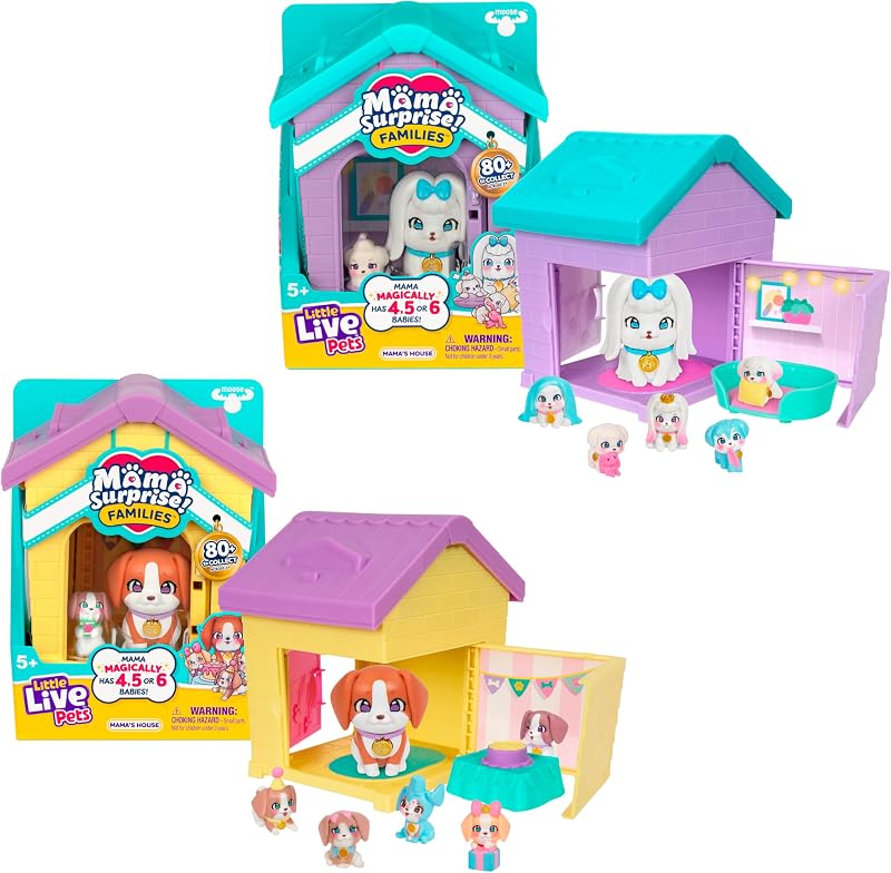 Little Live Pets Juego de casa para perros, colección Mama Surprise Families Beagle y Maltés, juego interactivo plegable para perros, regalo para niños mayores de 5 años | 2 casas desplegables revelan de 4 a 6 cachorros sorpresa cada una, más de 80 para coleccionar; regalo para niños mayores de 5 años