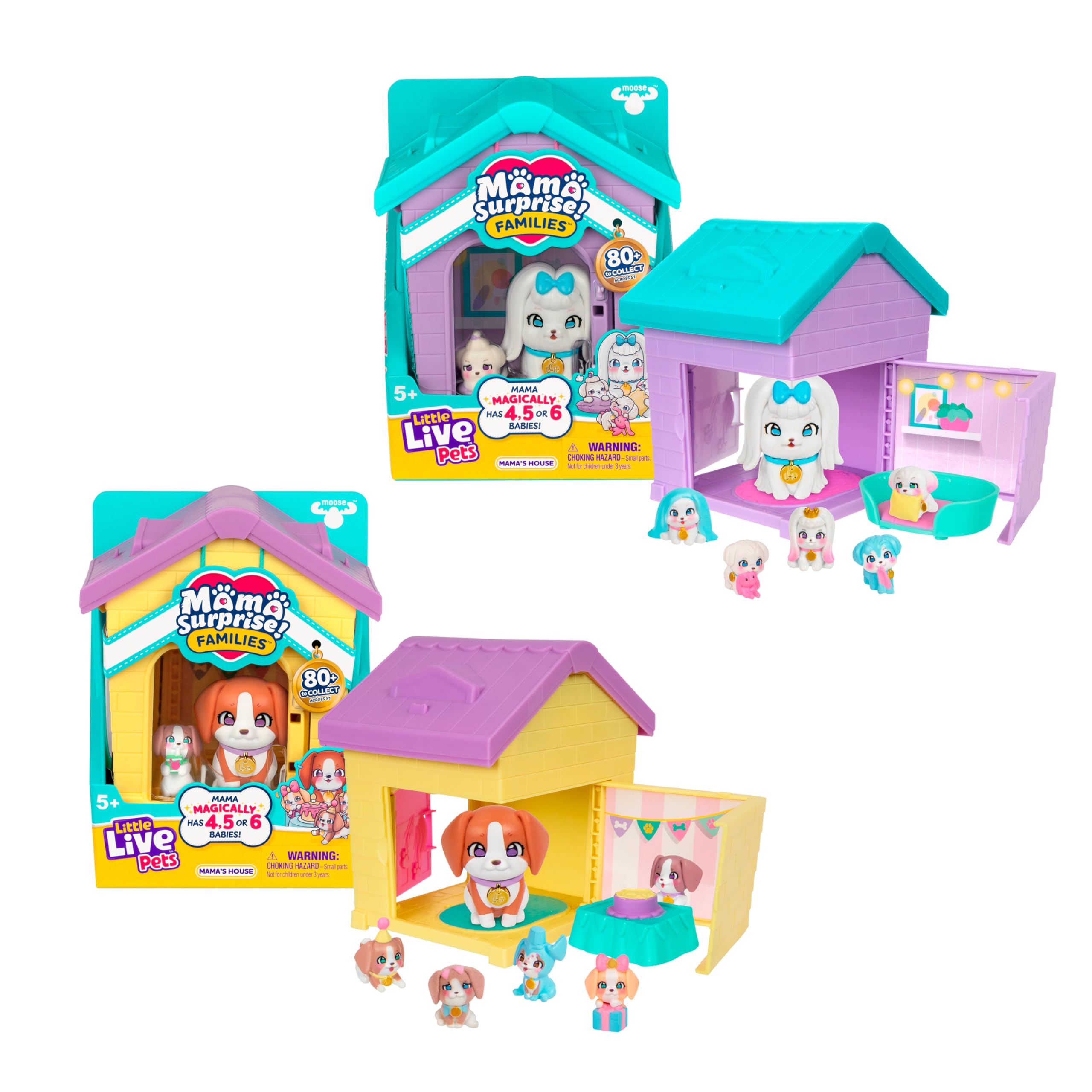Little Live Pets Mama Surprise Families – Mamas Hütte-Packung, Bulldogge & Spaniel, 2 Hütten & Welpen, jede Mama bekommt 4–6 Babys, ausklappbares Spielset, 80+ Stück zum Sammeln, Geschenk für Kinder