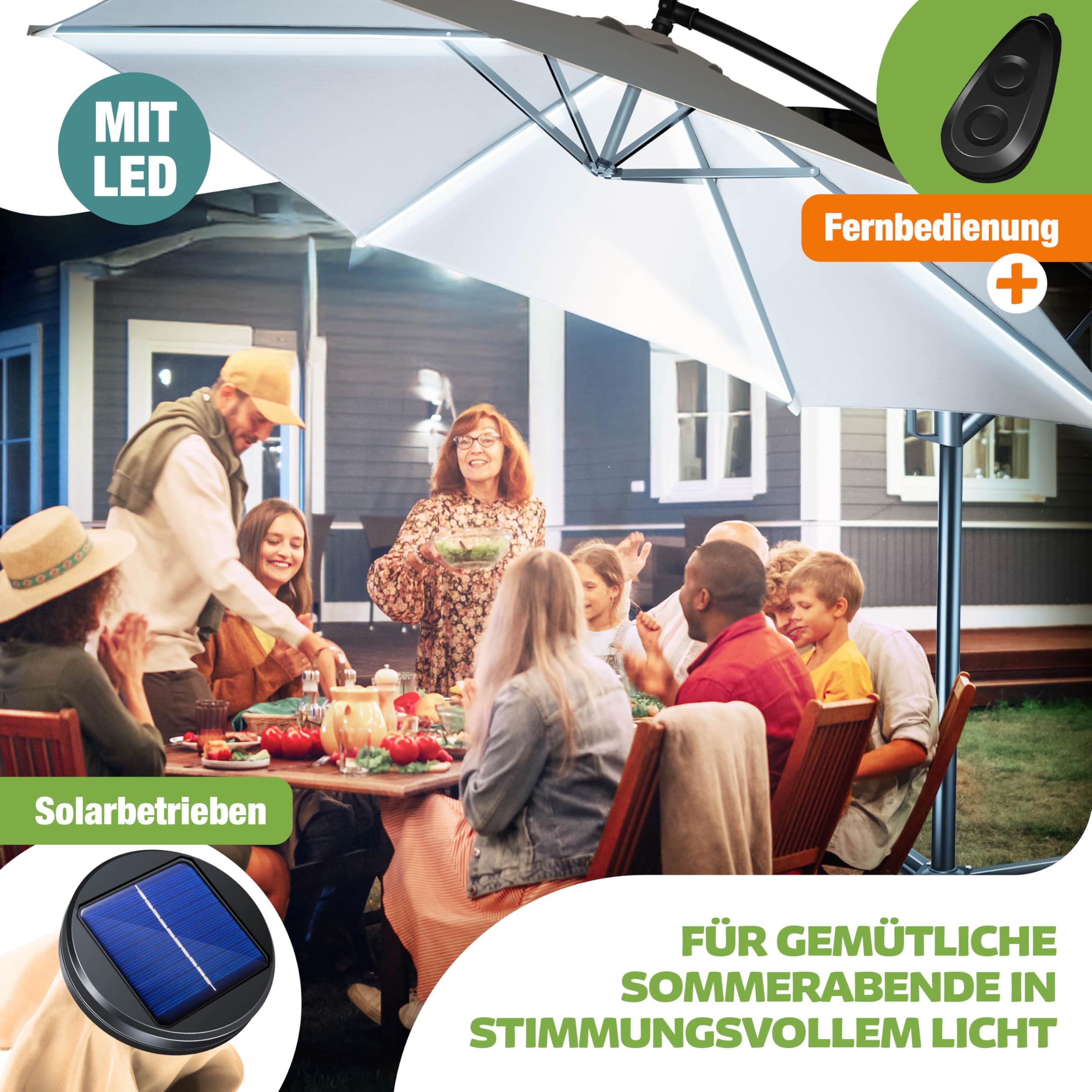 KESSER® Sombrilla LED Solar Aluminio 350cm Incluido Funda Control Remoto & Manivela | Parasol con Soporte Función 360° Protección UV Repelente Agua para Jardín Terraza Mercado Beige