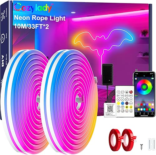 Cozylady 66Ft (33Ft * 2 Rolls) RGB LED Neon Rope Lights for Bedroom, 20m LED Strip Lamp with Double Sided Adhesive Tape, App/Remote Control DIY