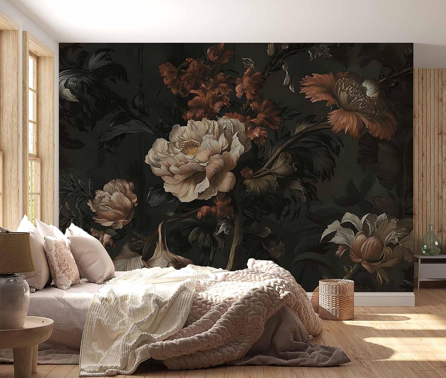 Vintage DarkFloral Mural Wallpaper Peel and Stick,Large Wall Murals Wall Paintings Art Deco for Bedroom Livingroom Thick Canvas Waterproof(B7,118 * 82inch)